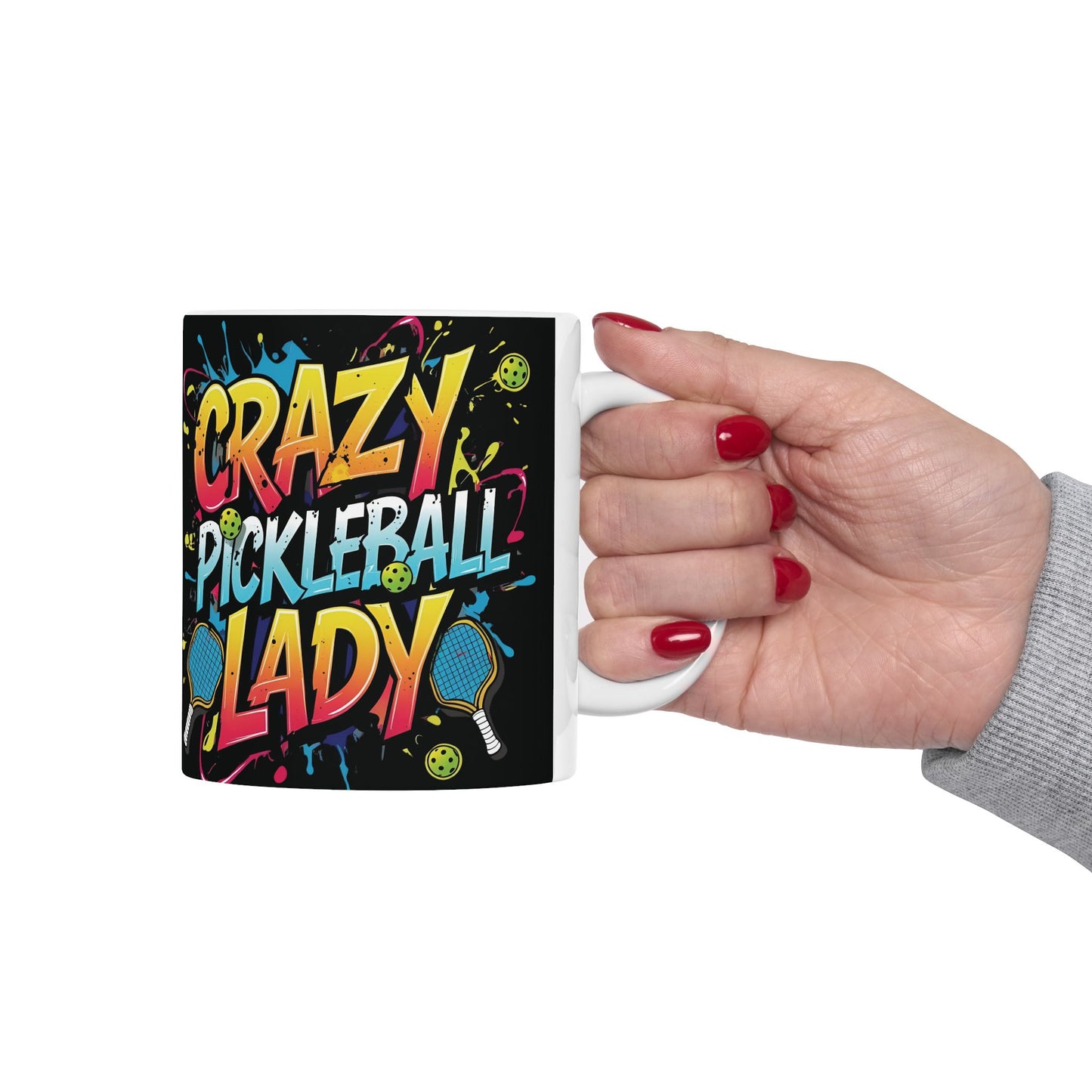 Colorful Crazy Pickleball Lady Mug, 11oz & 15oz, Fun Sports Gift for Pickleball Enthusiasts, Unique Ceramic Coffee Cup, Perfect for Birthdays