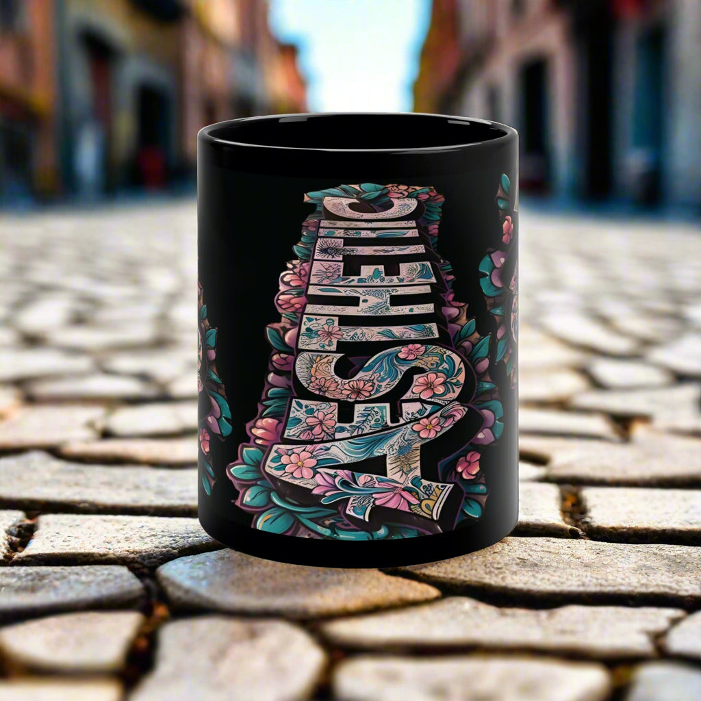 Stylish Aesthetic Floral Black Ceramic Coffee Mug - 11oz Inspirational Drinkware