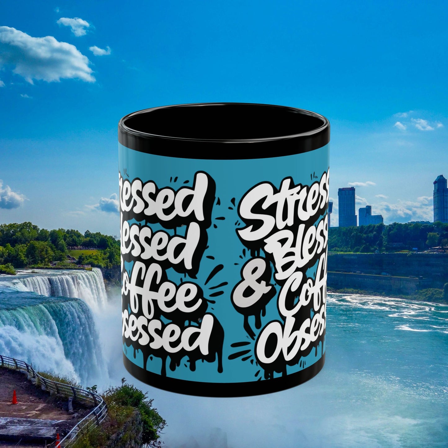 Coffee Lover's 11oz & 15oz Sleek Black Ceramic Mug - Stressed, Blessed & Coffee Obsessed Print, Gift for Coffee Lovers, Gift For Her, Inspirational Mug, Home & Office, Fun Gift Idea