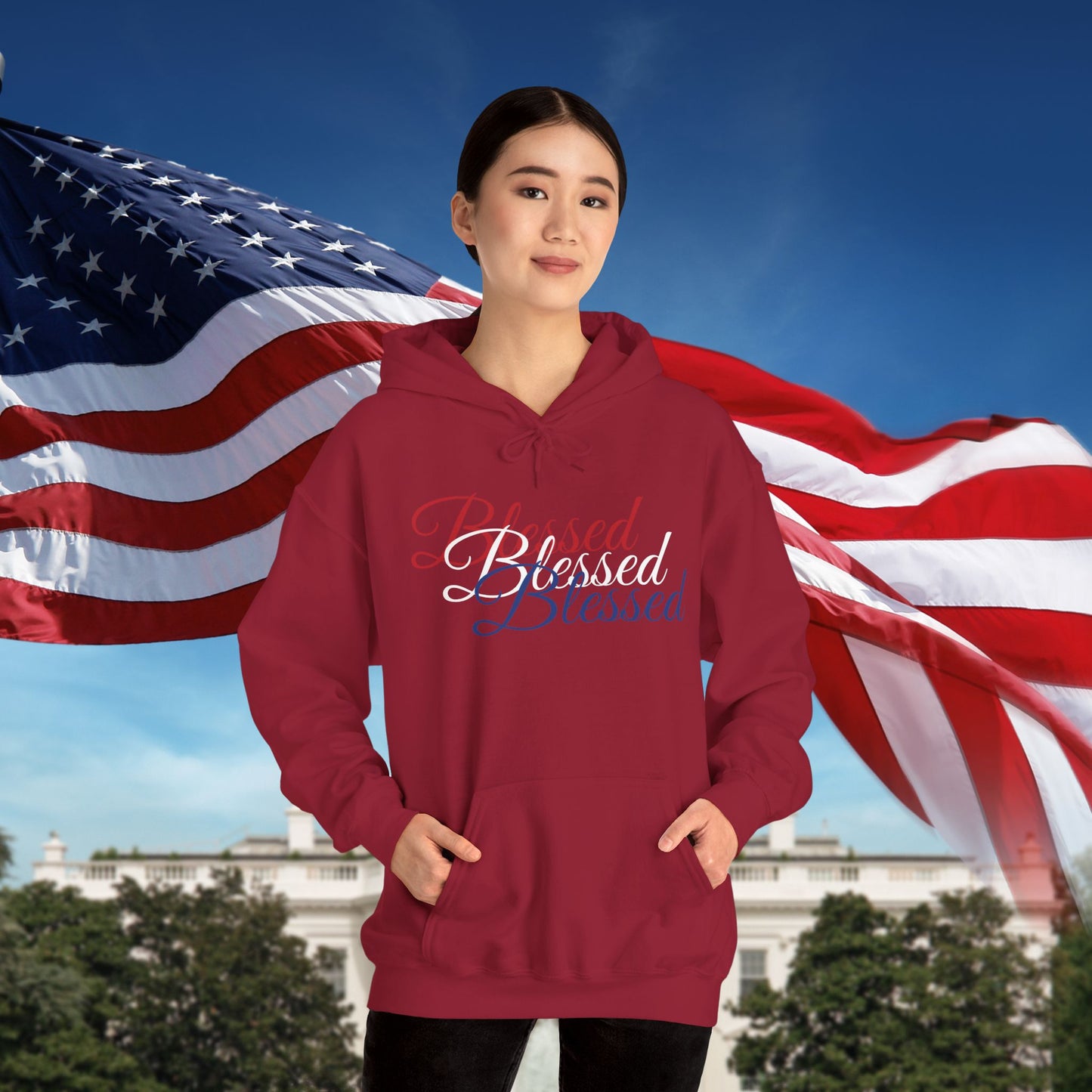 Blessed Hoodie – Patriotic Red, White & Blue Unisex Pullover Sweatshirt with Front & Back Print – Cozy, Positive Vibes Gift
