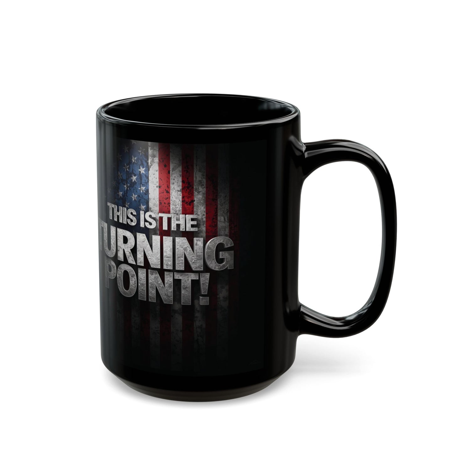 Charlie Kirk - This Is The Turning Point! - American Flag Backdrop - Sleek Black Ceramic Mug - 11oz - 15oz