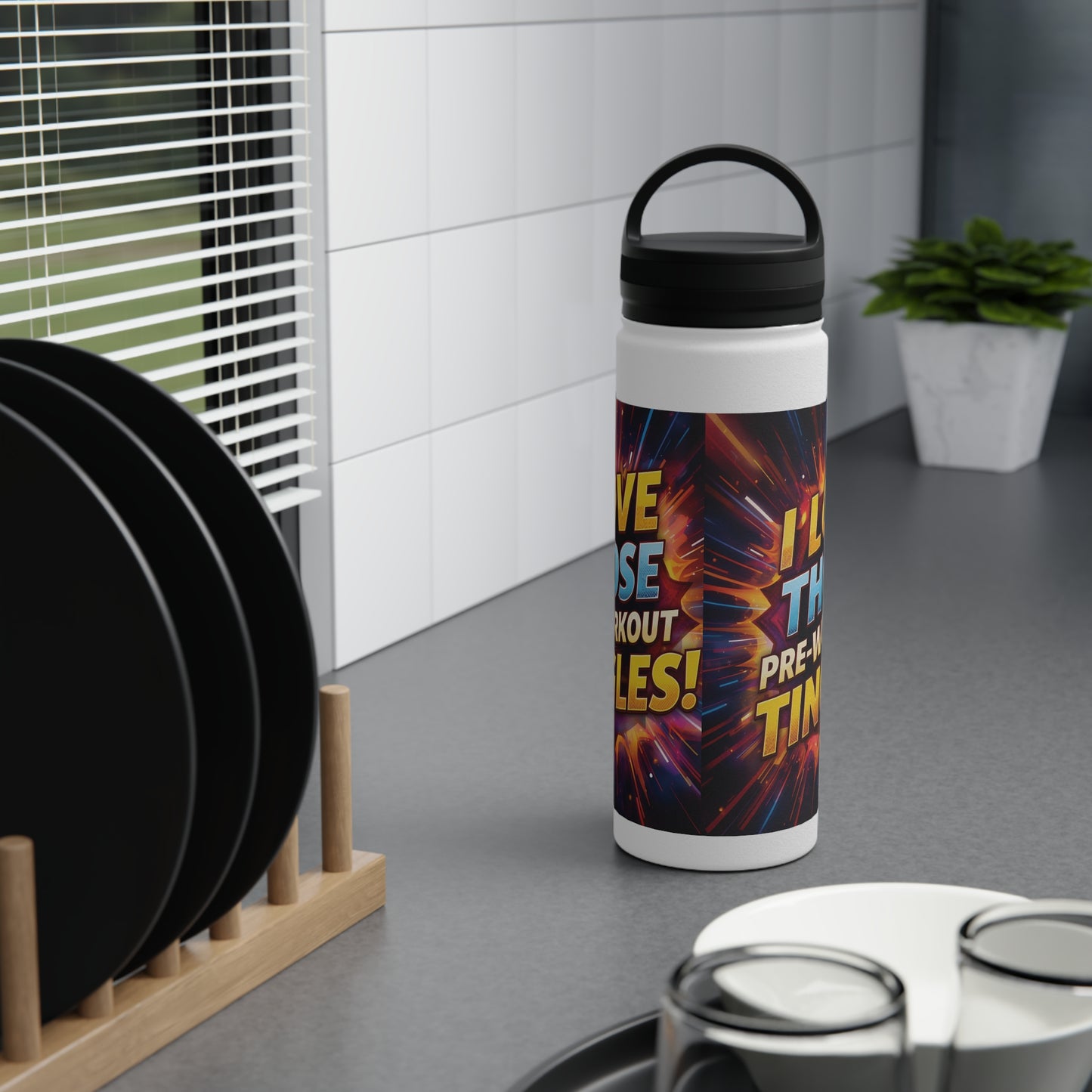 Vibrant Workout Water Bottle - I Love Those Pre-Workout Tingles! - Gym Hydration - Fitness Gift - Stainless Steel Bottle - 12oz - 18oz - 32oz - Easy Carry Handle - Holiday Gift -