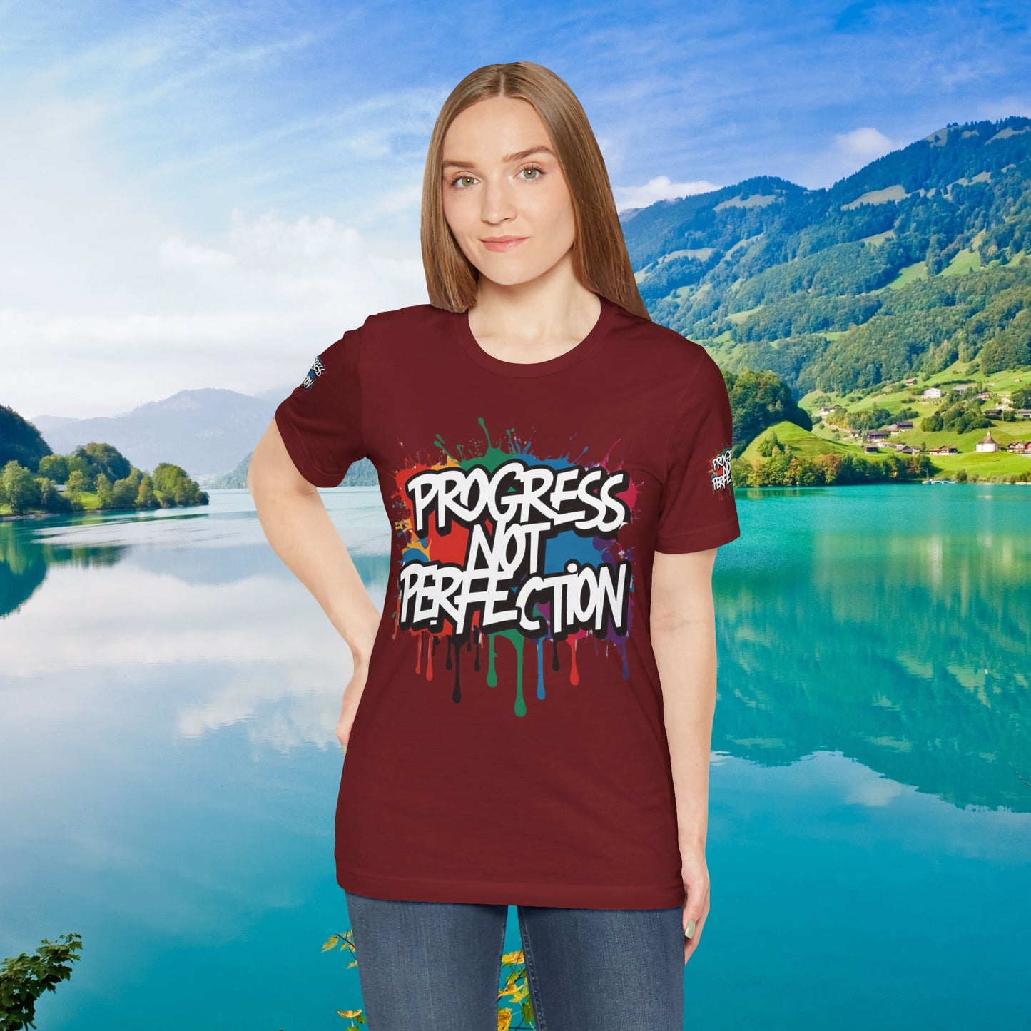💥 Vibrant 💥 Eye-catching 💥 Motivational 💥 All Over Print 💥 Unisex T-shirt 💥 Progress Not Perfection 💥 Art-Inspired 💥 Apparel 💥 Sizes XS x 4XL 💥