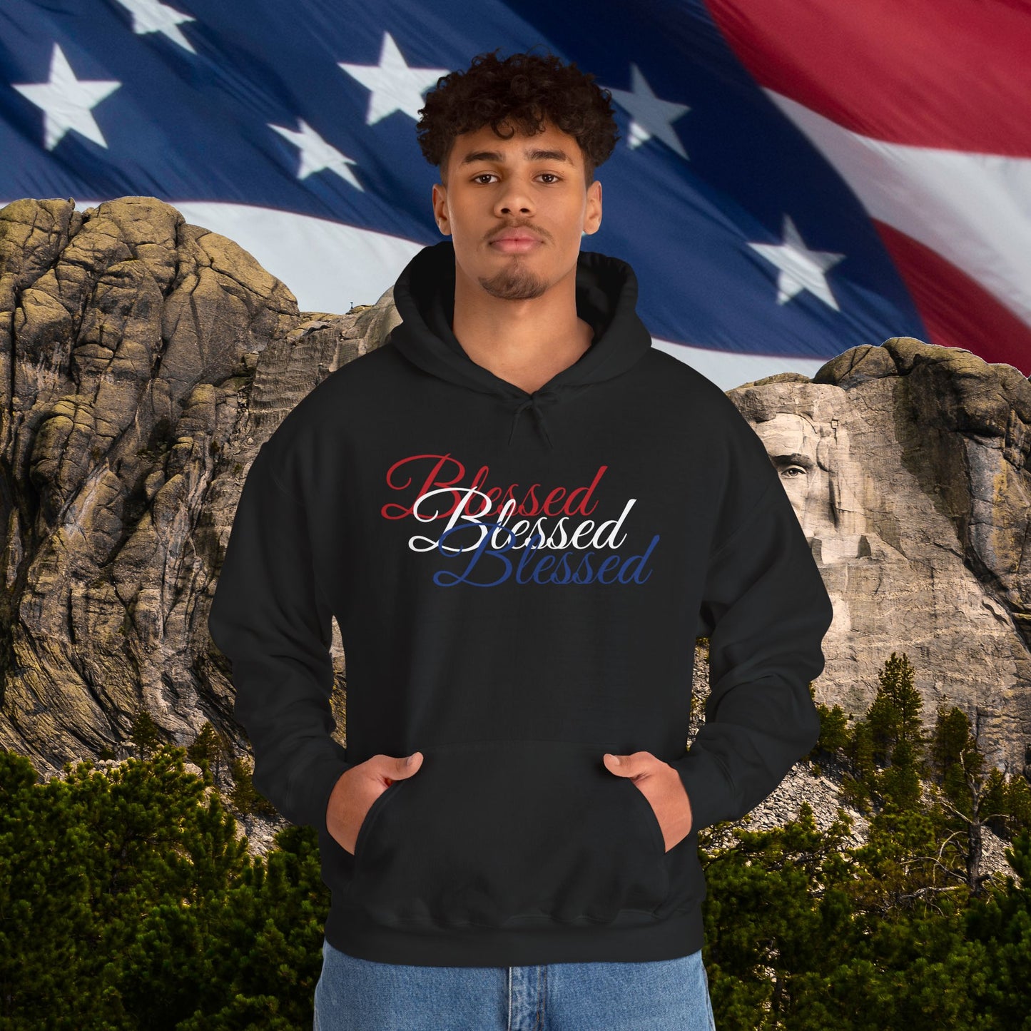 Blessed Hoodie – Patriotic Red, White & Blue Unisex Pullover Sweatshirt with Front & Back Print – Cozy, Positive Vibes Gift