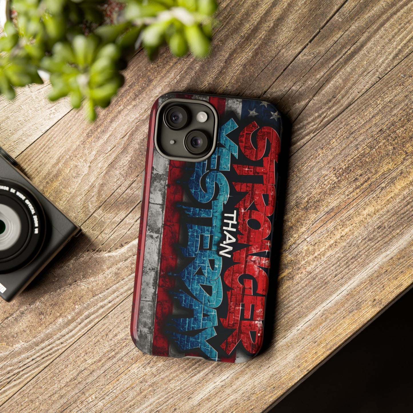 Stronger Than Yesterday Iphone Case, Motivational Phone Cover, USA Flag Design, Gift for Fitness Enthusiasts, Inspirational Phone Accessory