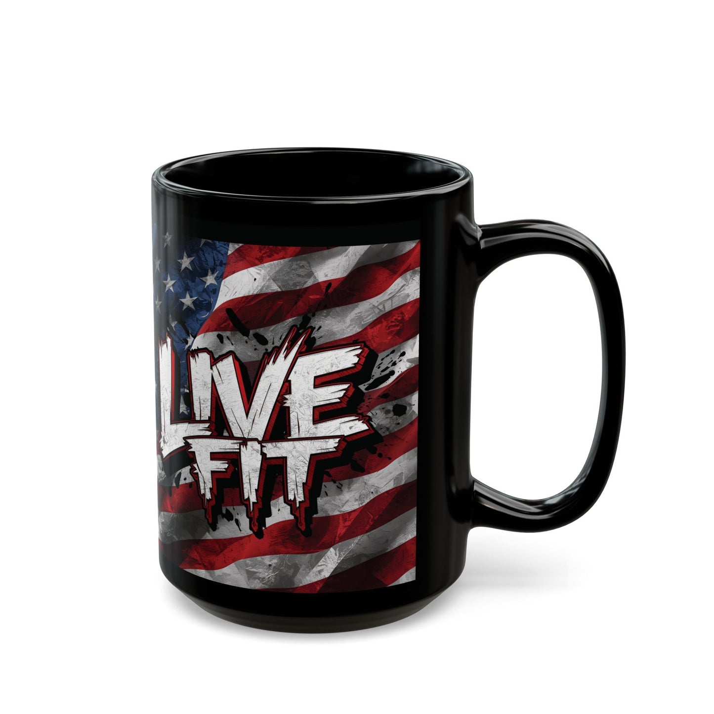 Stylish Black Ceramic Mug - LIVE FIT Design - American Flag Backdrop - Red White Blue