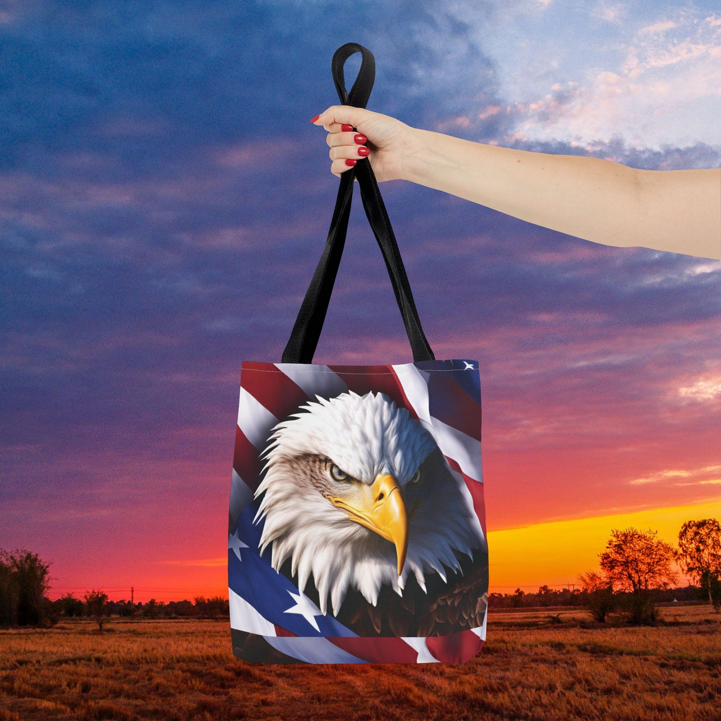 Patriotic Stylish American Flag Bald Eagle Red White & Blue All Over Print Tote Bag