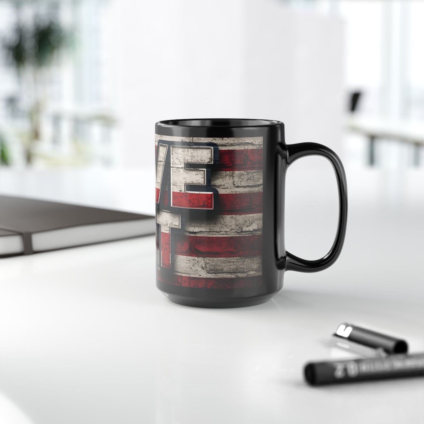 Eye-Catching - Red White Blue - Black Ceramic Mug - LIVE FIT - American Flag Backdrop