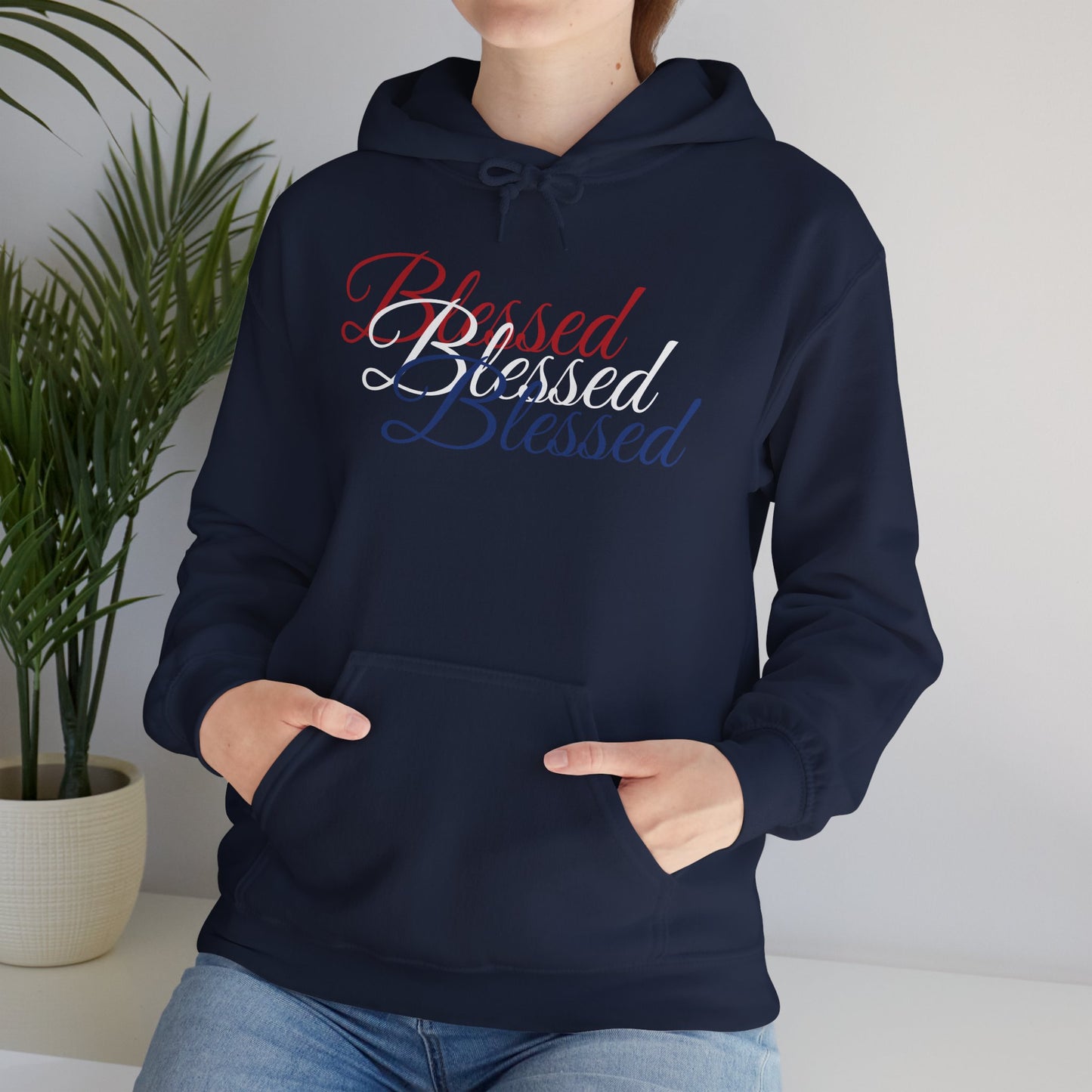 Blessed Hoodie – Patriotic Red, White & Blue Unisex Pullover Sweatshirt with Front & Back Print – Cozy, Positive Vibes Gift