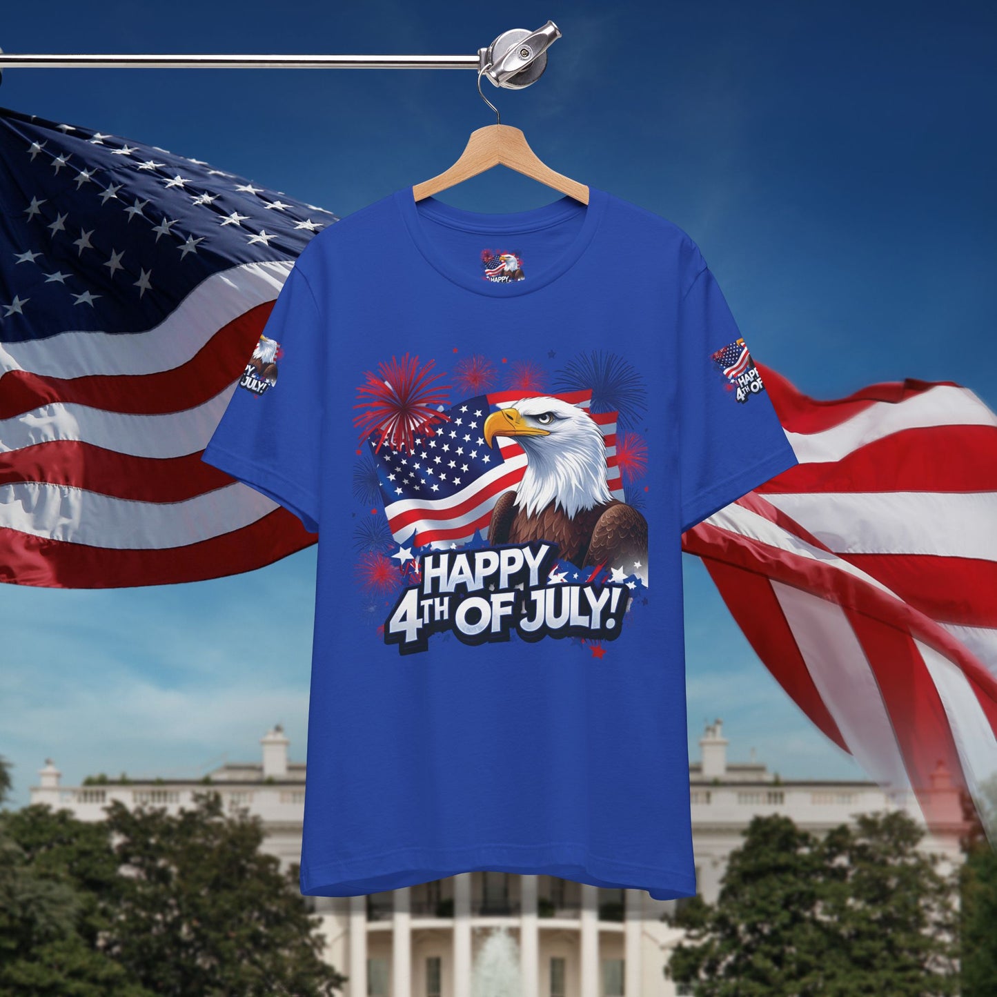 Happy 4th of July, Print Design, Unisex T-Shirt, Patriotic Print Design, Independence Day Shirt, Red White Blue Shirt, USA Tee Gift, Gift For Her, Gift For Him, American Flag, Bald Eagle