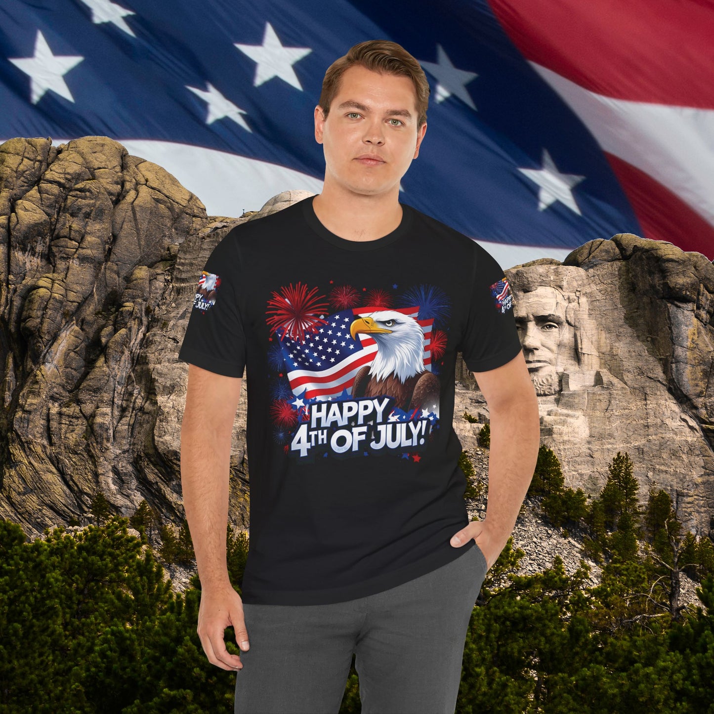 Happy 4th of July, Print Design, Unisex T-Shirt, Patriotic Print Design, Independence Day Shirt, Red White Blue Shirt, USA Tee Gift, Gift For Her, Gift For Him, American Flag, Bald Eagle