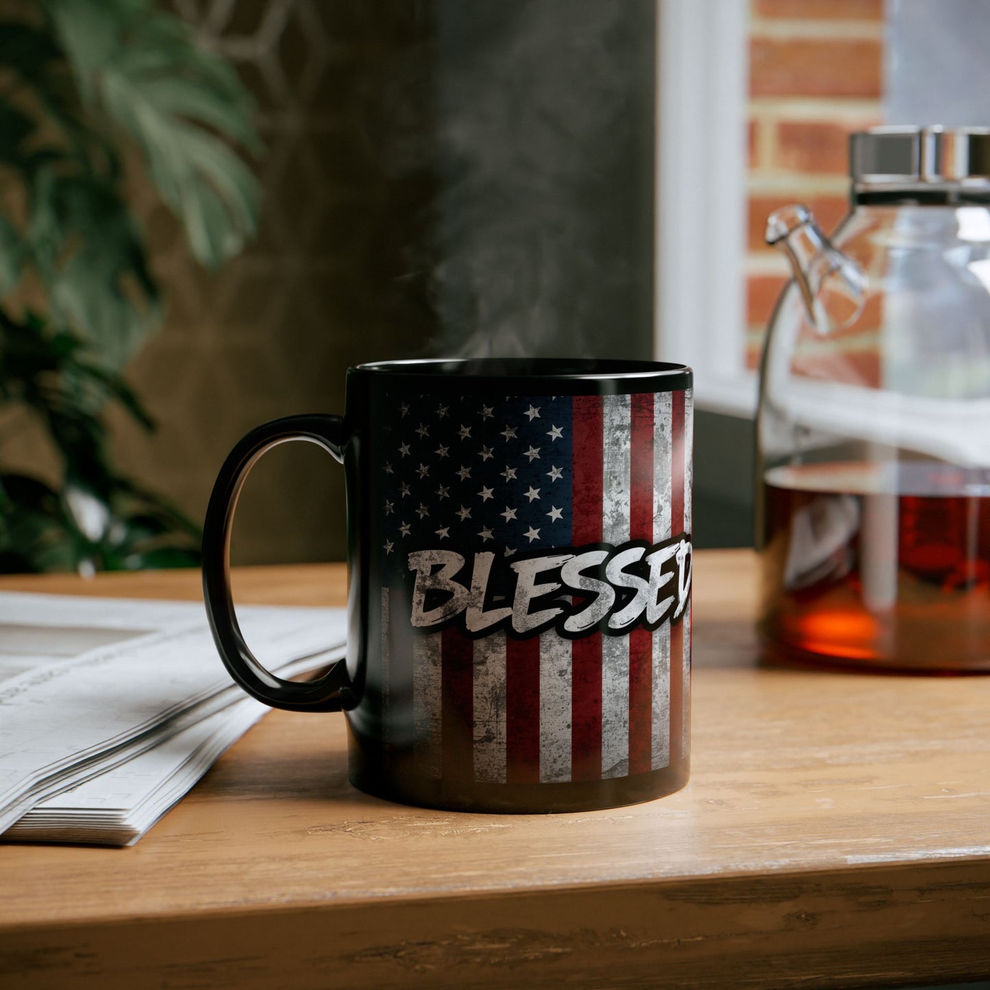 Sleek Ceramic Black Mug Blessed - American Flag - Patriotic Coffee Lover Gift - Home Decor - 11oz - 15oz