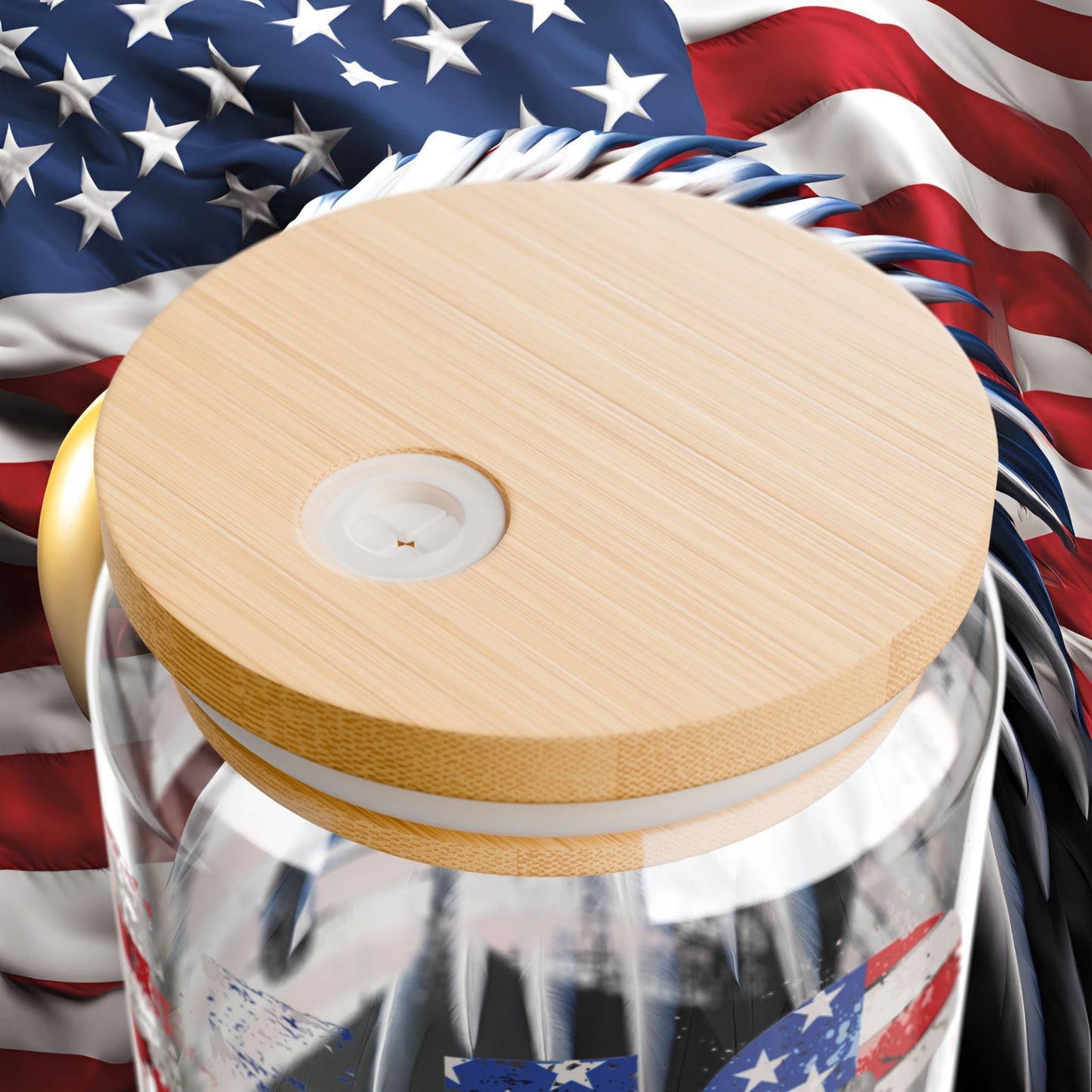 USA Pride 16 oz Clear Tempered Sipper Glass Gasket-Push Bamboo Lid