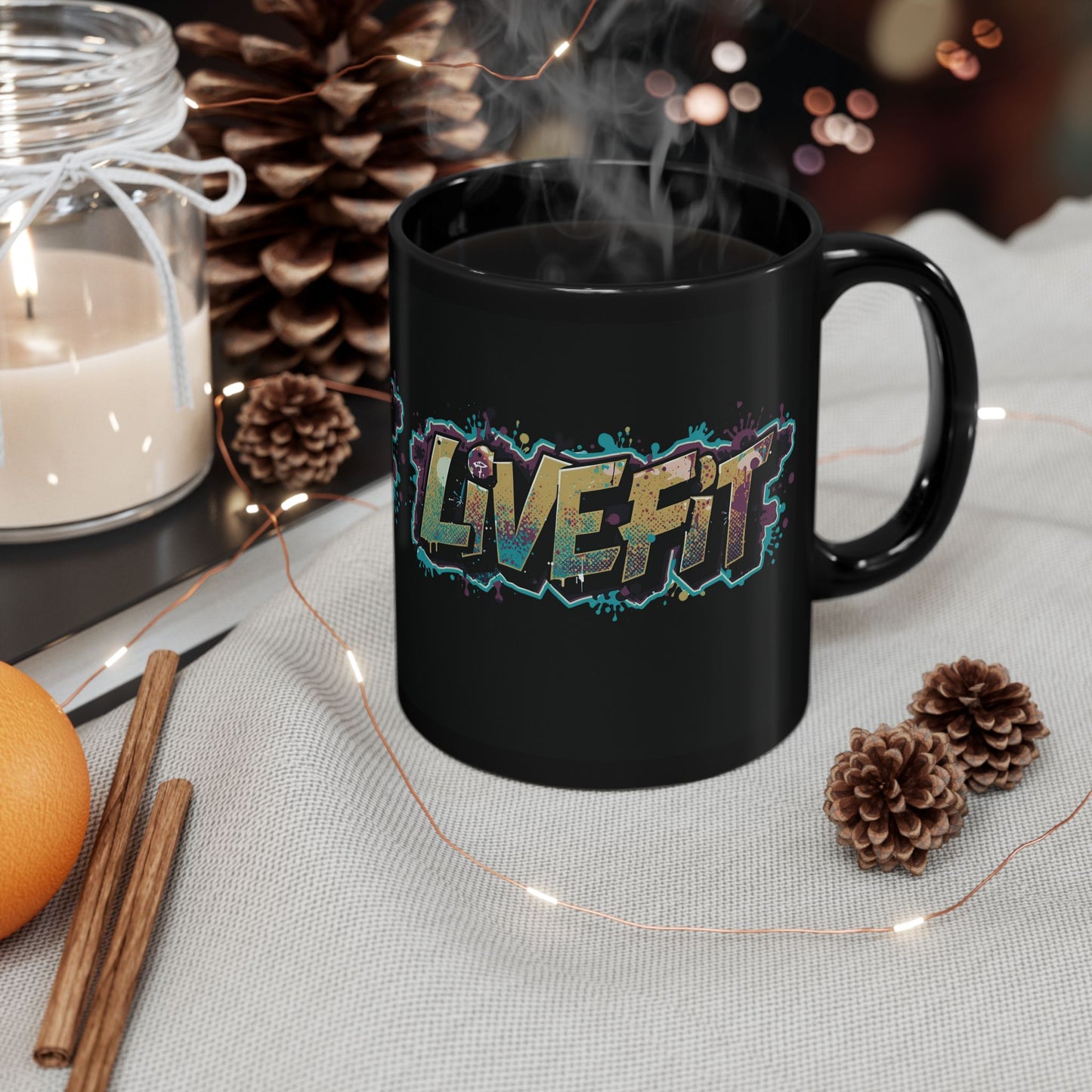 Fitness Motivational Mug - Live Fit Coffee Cup - Workout Gift - Gym Drink-ware - Black Mug for Fitness Enthusiasts - Christmas Gift