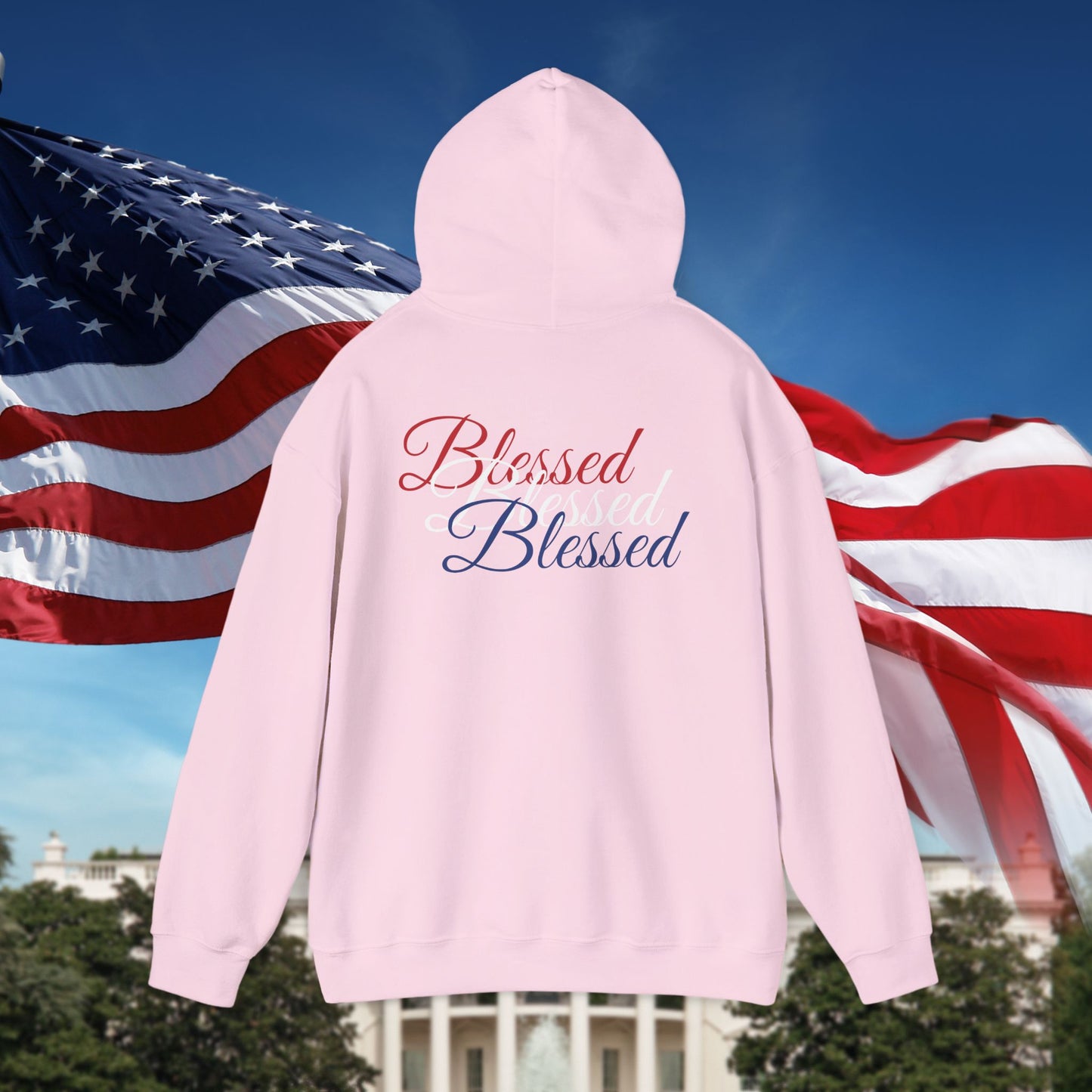 Blessed Hoodie – Patriotic Red, White & Blue Unisex Pullover Sweatshirt with Front & Back Print – Cozy, Positive Vibes Gift