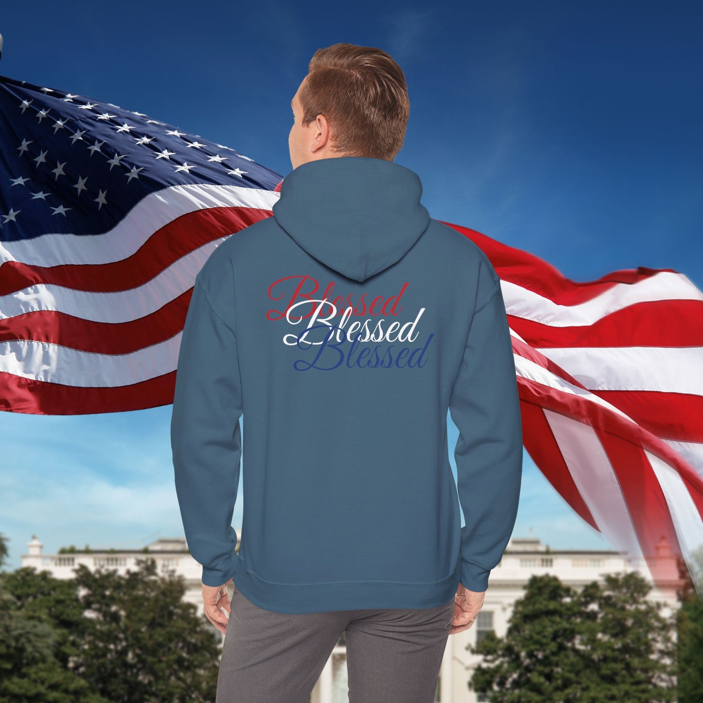 Blessed Hoodie – Patriotic Red, White & Blue Unisex Pullover Sweatshirt with Front & Back Print – Cozy, Positive Vibes Gift