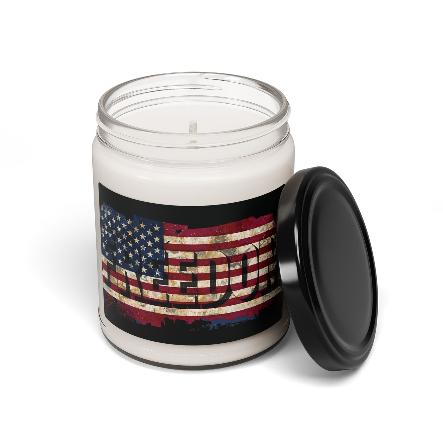 Freedom Scented Soy Candle - Vintage American Flag Red White & Blue Backdrop - Eco-Friendly - 50-60 Hours Burning Time - Reusable Glass Vessel -