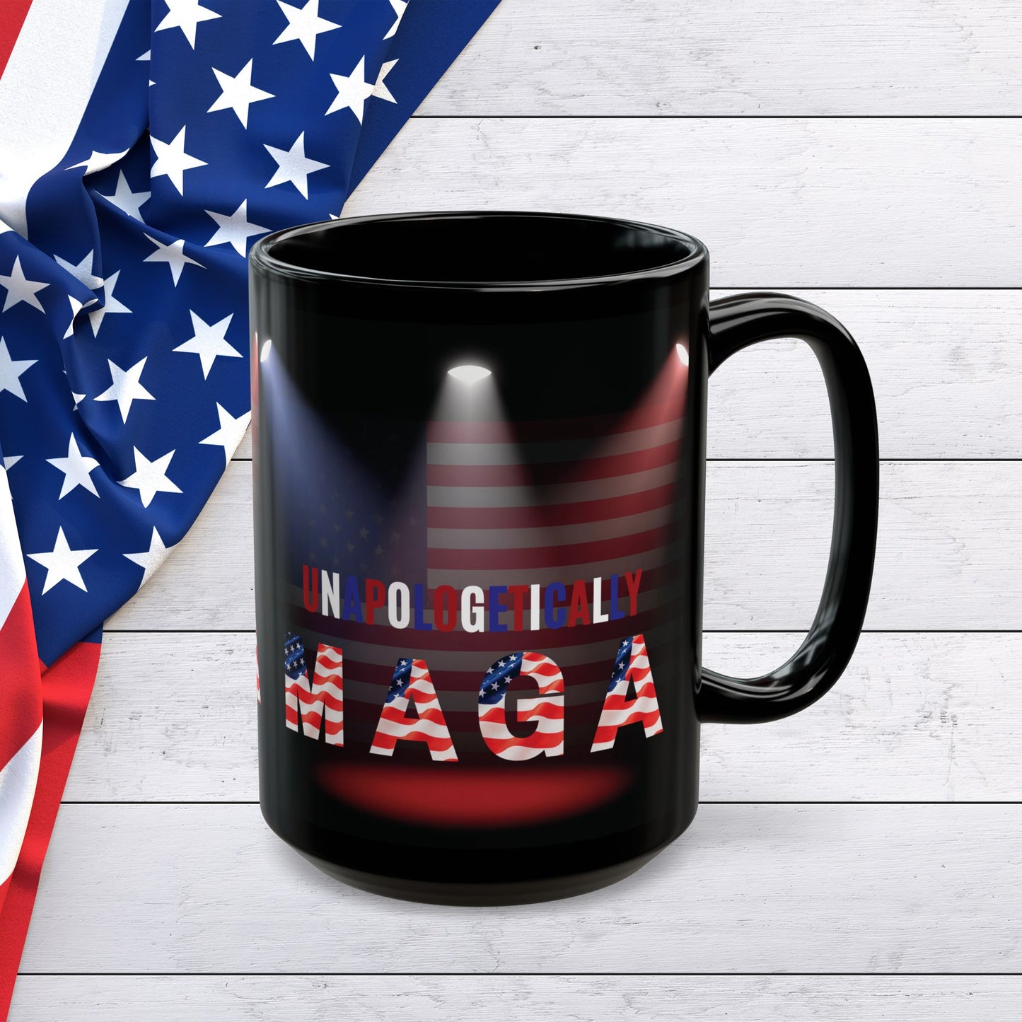 Unapologetically MAGA - Red White Blue - American Flag Spotlight Design - USA Pride - Sleek Black Ceramic Mug - 11oz - 15oz