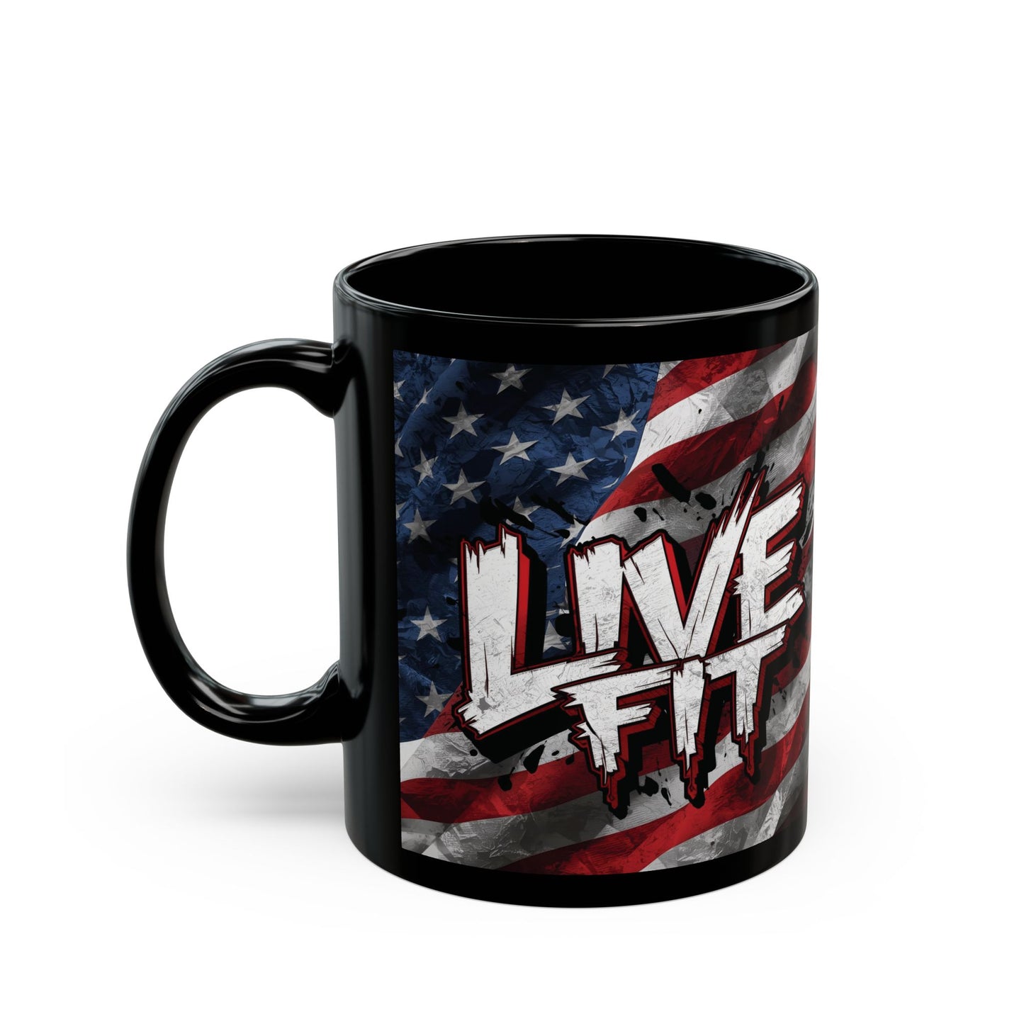 Stylish Black Ceramic Mug - LIVE FIT Design - American Flag Backdrop - Red White Blue