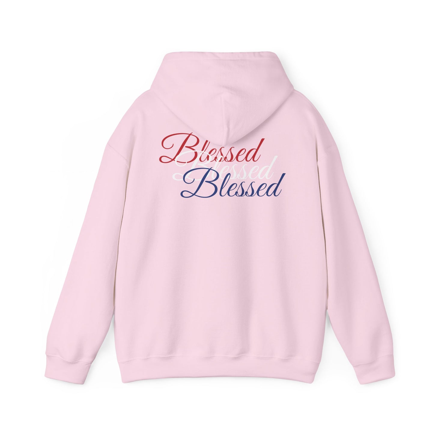 Blessed Hoodie – Patriotic Red, White & Blue Unisex Pullover Sweatshirt with Front & Back Print – Cozy, Positive Vibes Gift