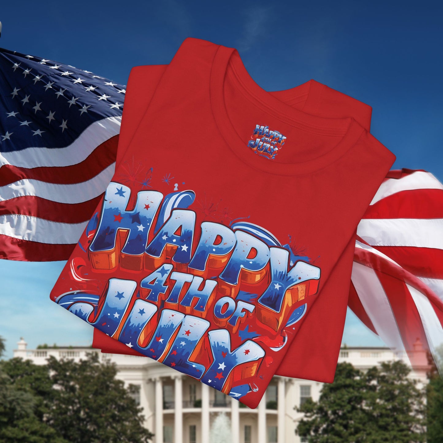 Happy 4th Of July, Print Design T-Shirt, Independence Day, American Flag, Bald Eagle, Red White Blue