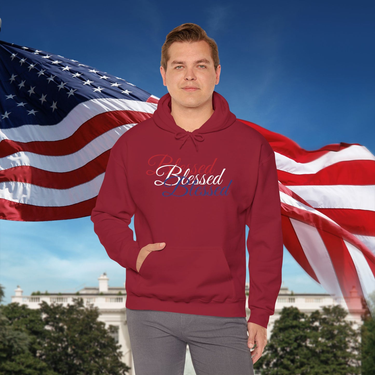 Blessed Hoodie – Patriotic Red, White & Blue Unisex Pullover Sweatshirt with Front & Back Print – Cozy, Positive Vibes Gift