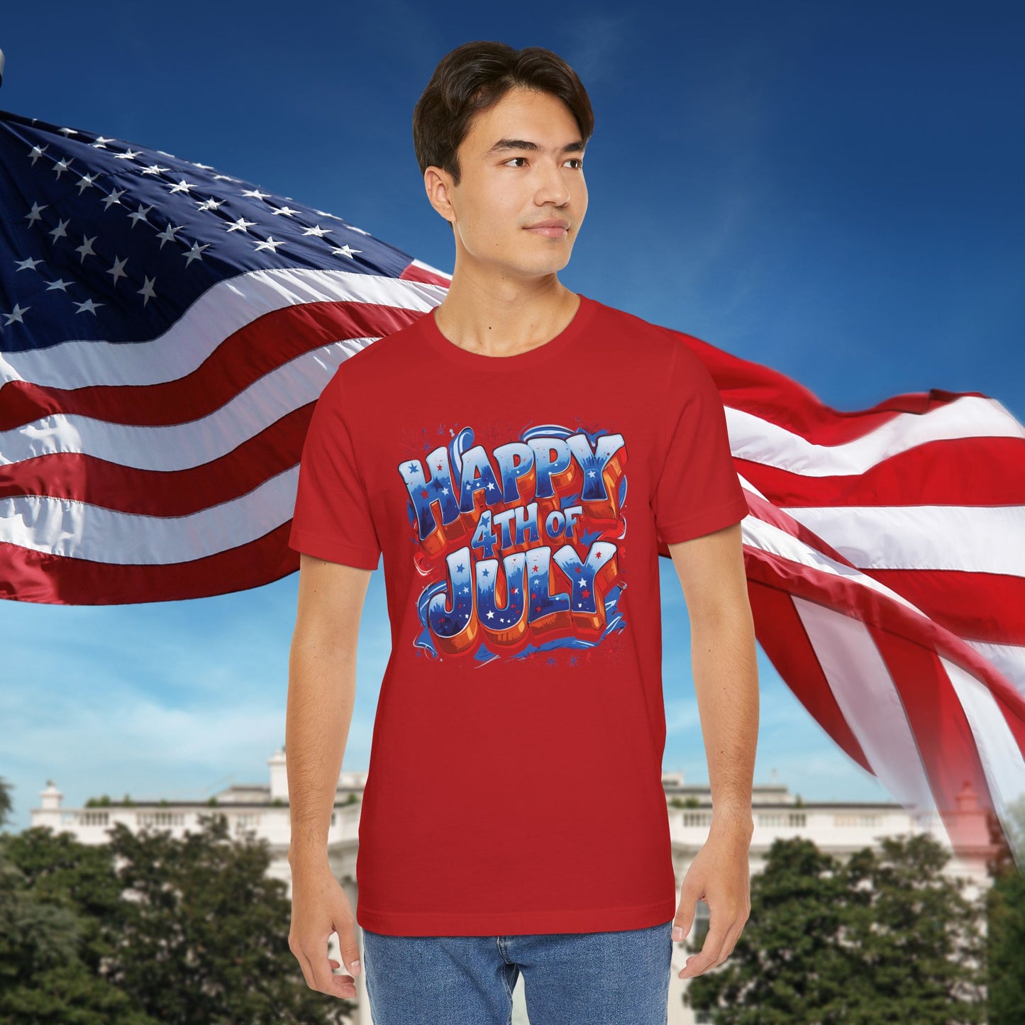 Happy 4th Of July, Print Design T-Shirt, Independence Day, American Flag, Bald Eagle, Red White Blue