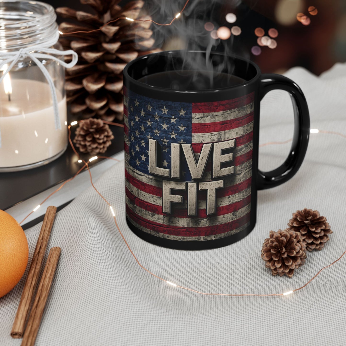 Black Mug - Patriotic Ceramic Coffee Mug - LIVE FIT - Vintage American Flag Backdrop Design - Red White Blue - 11oz or 15oz
