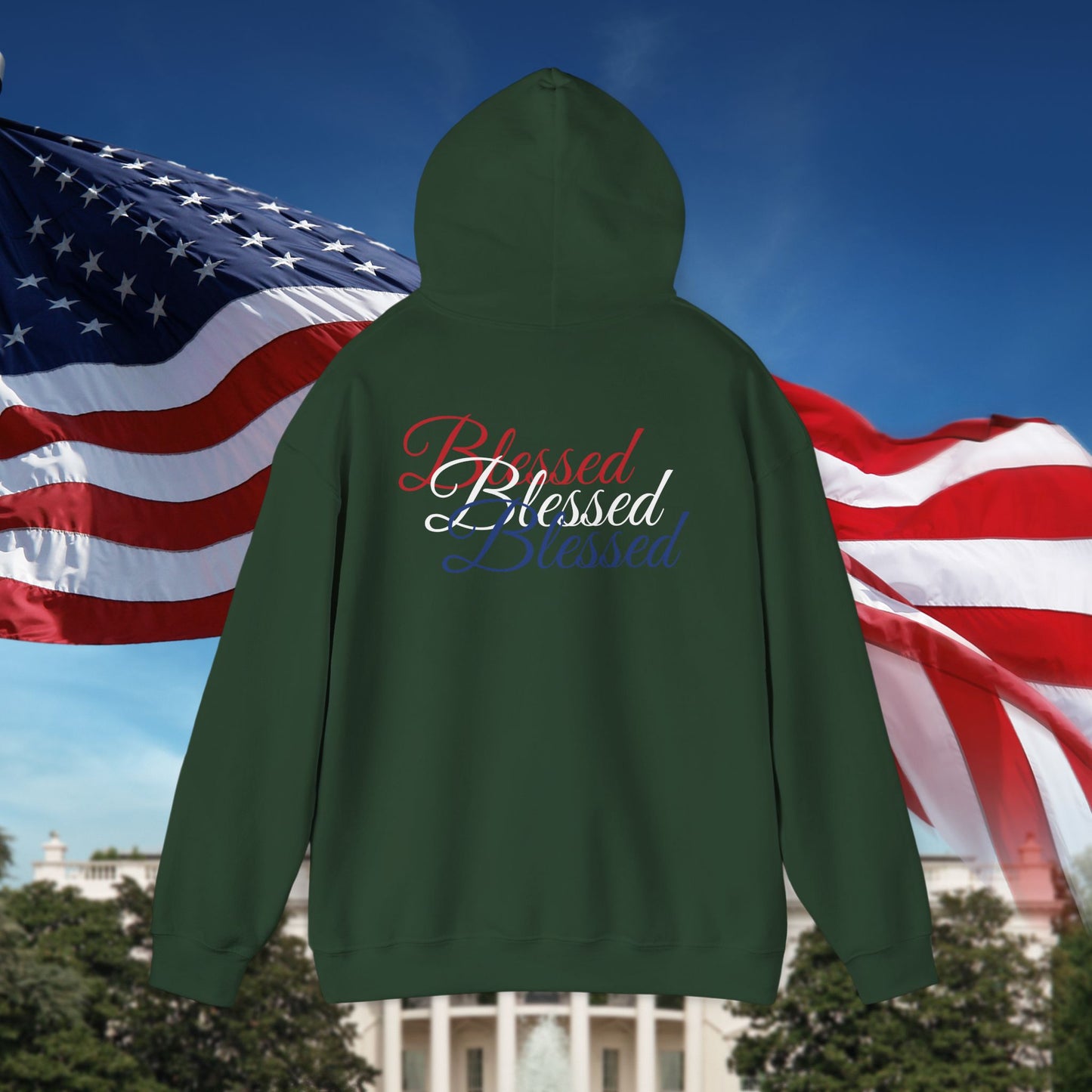 Blessed Hoodie – Patriotic Red, White & Blue Unisex Pullover Sweatshirt with Front & Back Print – Cozy, Positive Vibes Gift