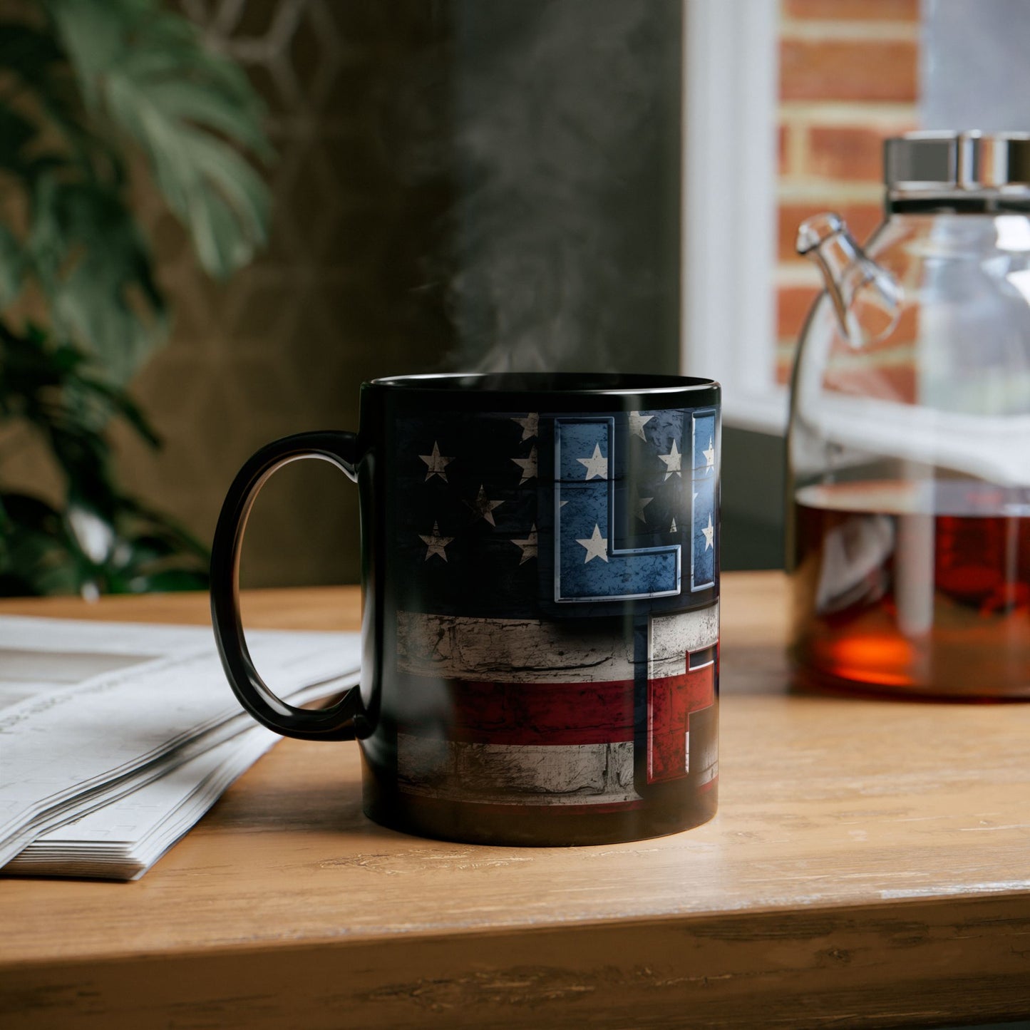 Eye-Catching - Red White Blue - Black Ceramic Mug - LIVE FIT - American Flag Backdrop