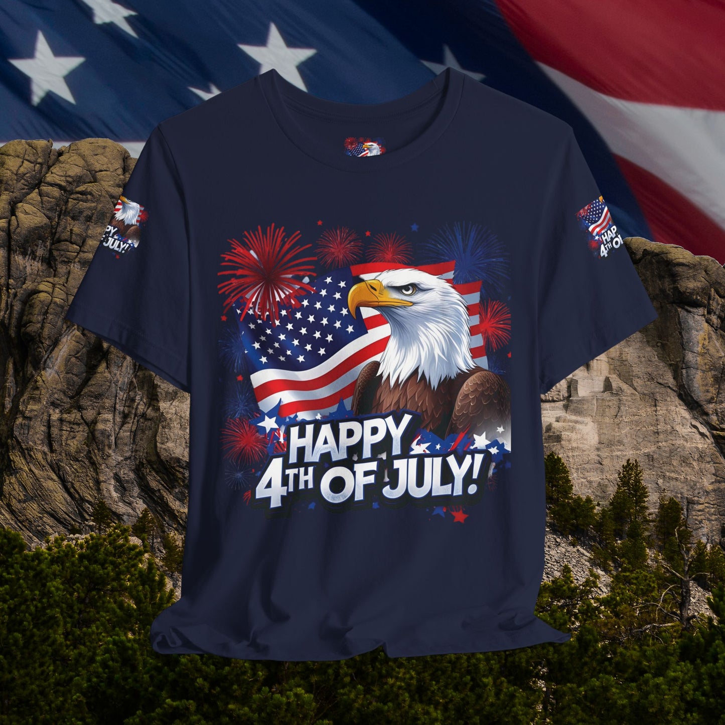 Happy 4th of July, Print Design, Unisex T-Shirt, Patriotic Print Design, Independence Day Shirt, Red White Blue Shirt, USA Tee Gift, Gift For Her, Gift For Him, American Flag, Bald Eagle