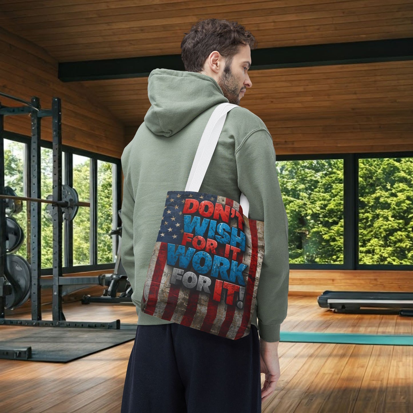 Motivational Tote Bag | American Flag Design | Don't Wish For It, Work For It | Gym, Grocery, Travel, Gifts, Everyday Carry