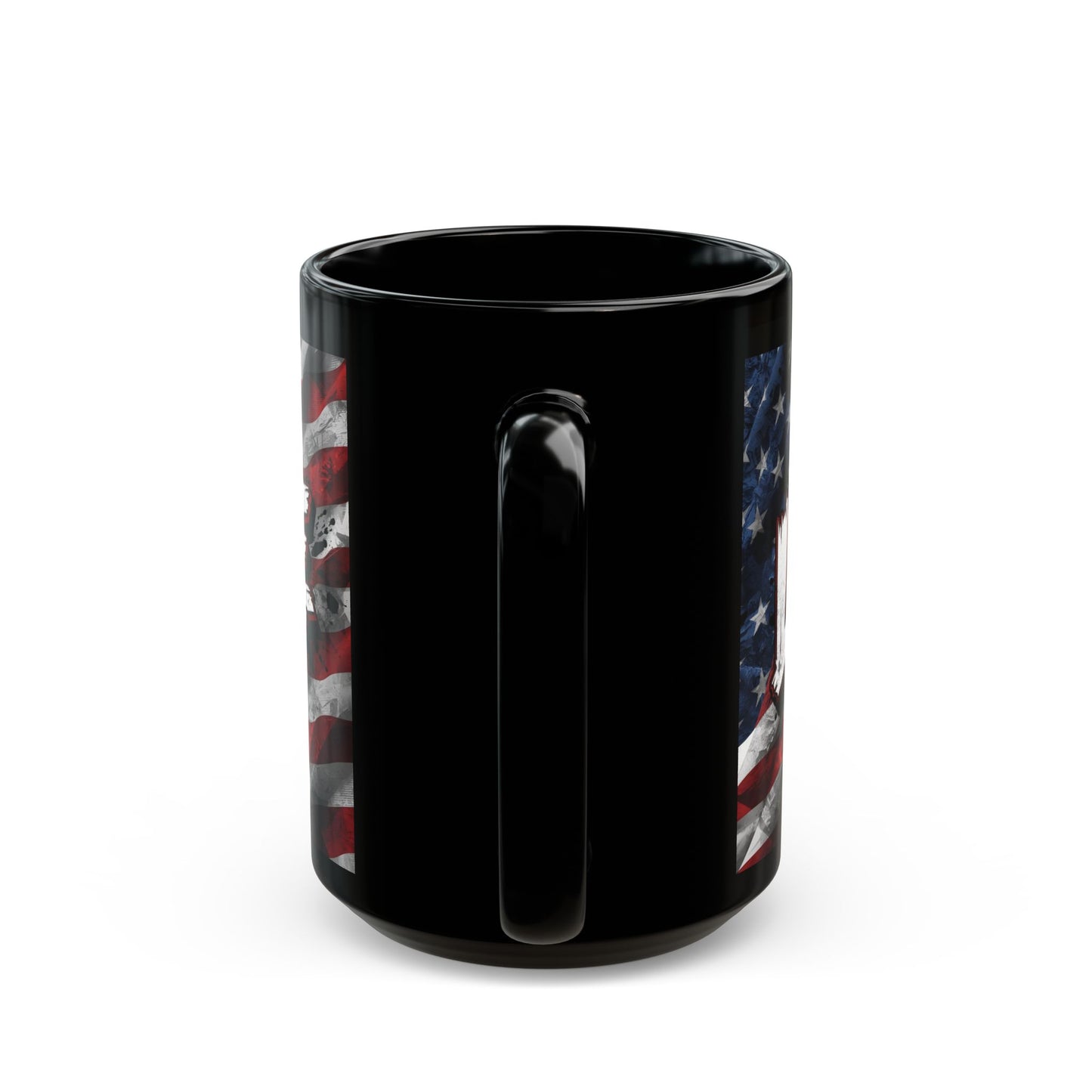 Stylish Black Ceramic Mug - LIVE FIT Design - American Flag Backdrop - Red White Blue