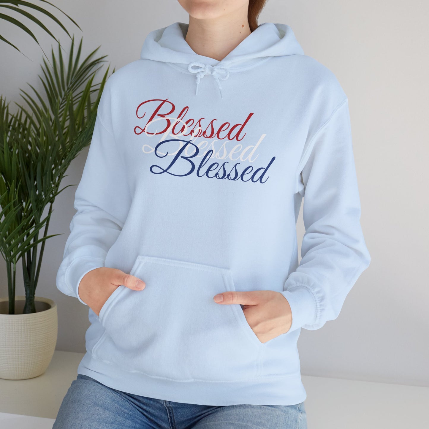 Blessed Hoodie – Patriotic Red, White & Blue Unisex Pullover Sweatshirt with Front & Back Print – Cozy, Positive Vibes Gift
