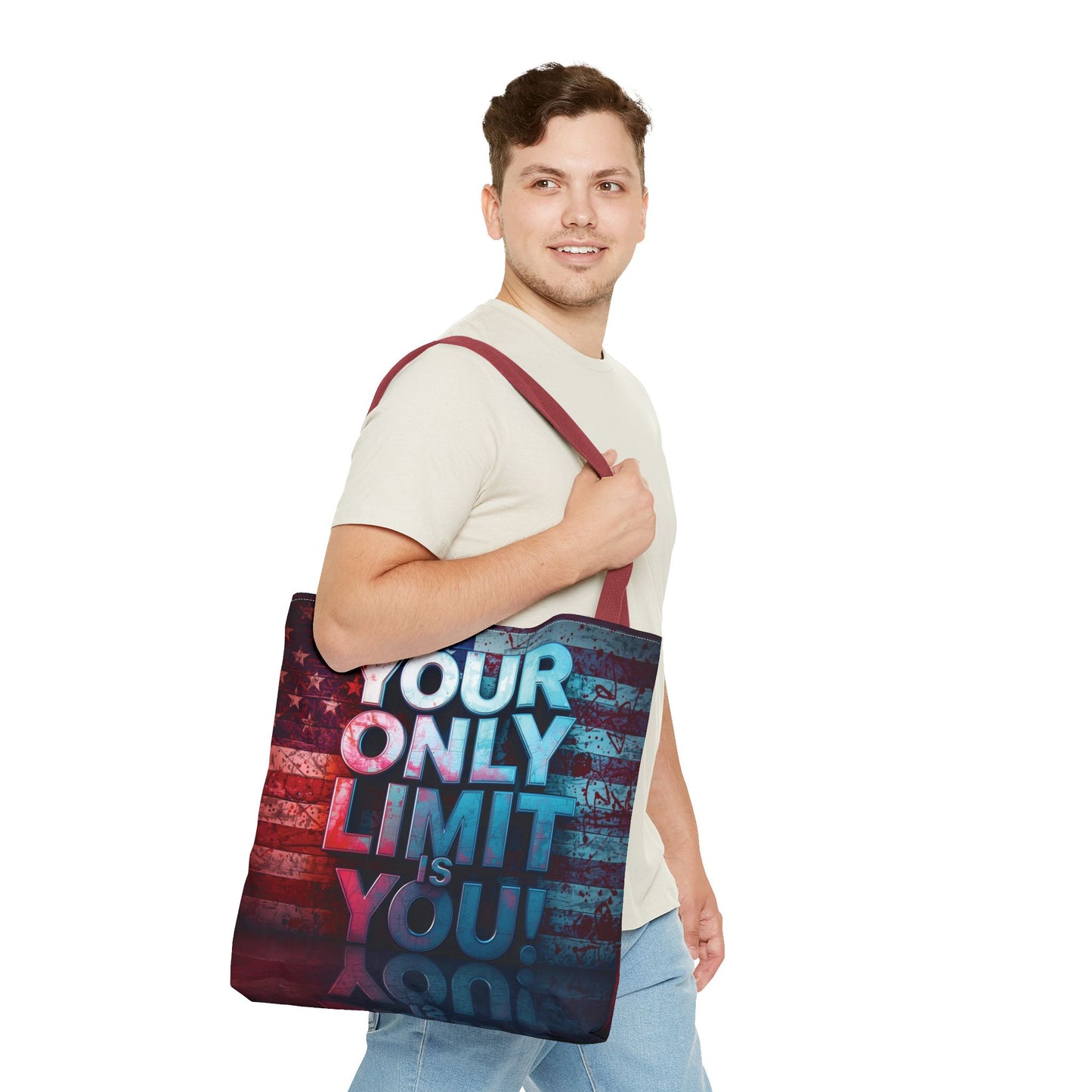 Motivational Tote Bag, Your Only Limit is You!, Inspirational Gift, USA Flag Design, Eco-Friendly Everyday Tote