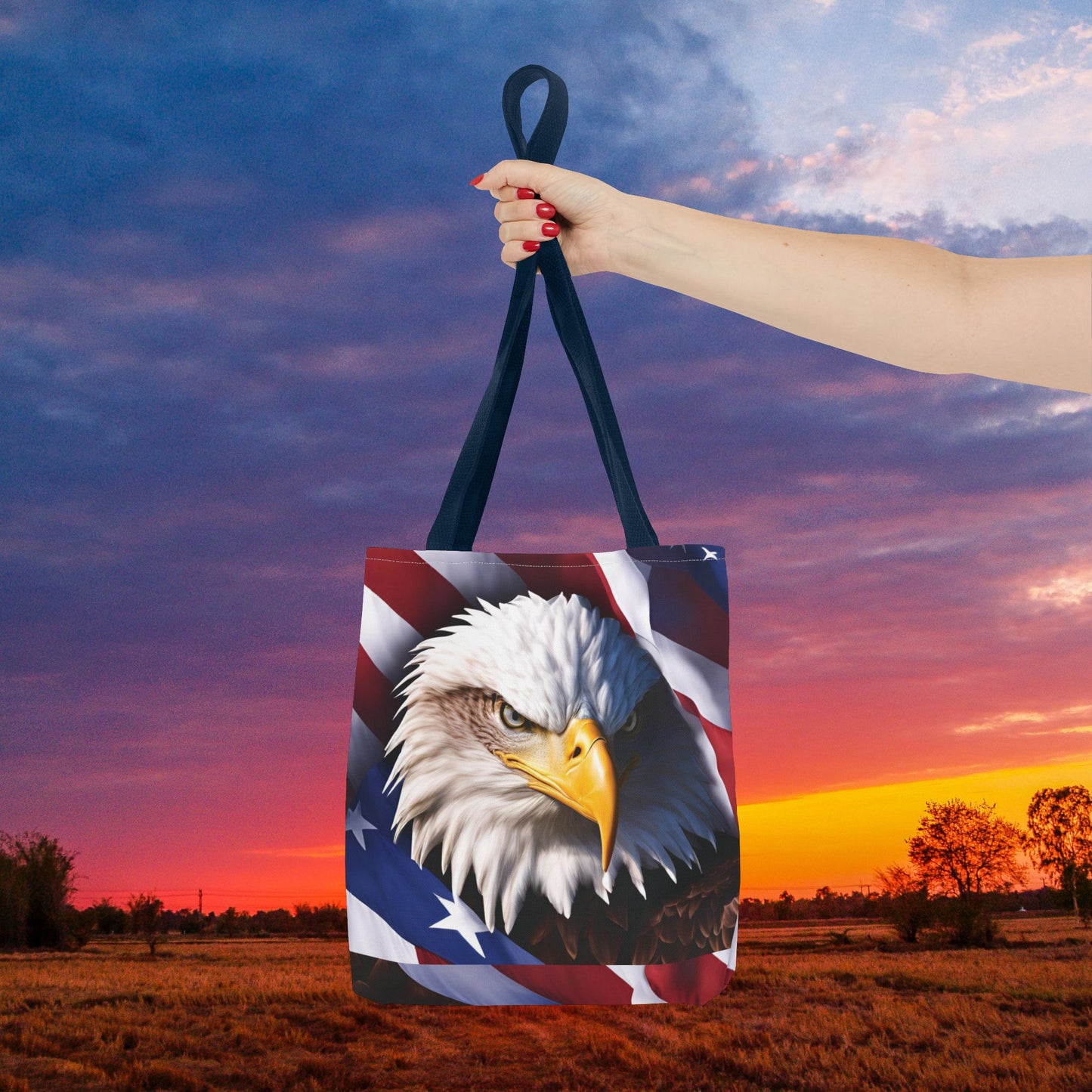Patriotic Stylish American Flag Bald Eagle Red White & Blue All Over Print Tote Bag