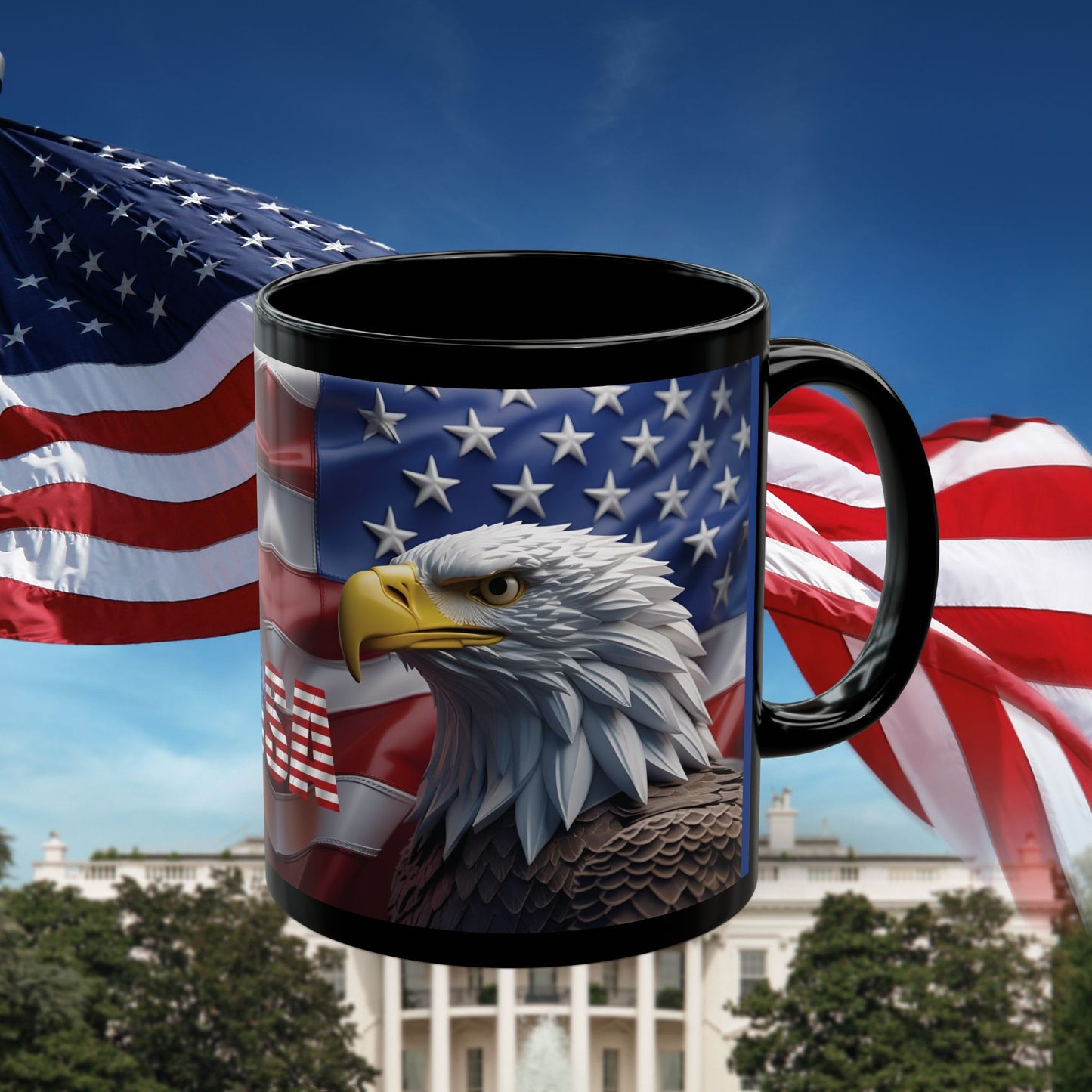 Patriotic USA Bald Eagle Ceramic Coffee Mug – Red, White & Blue American Flag Cup – Black Ceramic 11oz & 15oz – Veterans Day Gift, Independence Day Decor