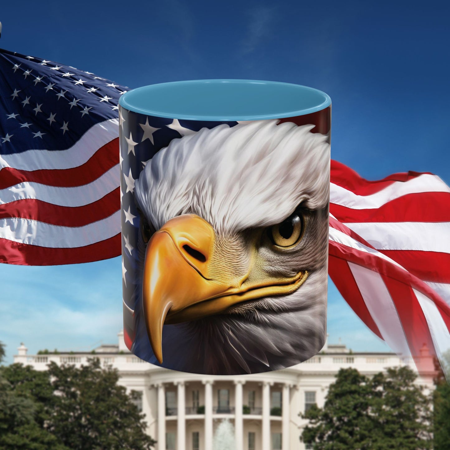 Patriotic Bald Eagle Coffee Mug – American Flag Accent Cup for Proud Americans & Veterans (11oz & 15oz, Multiple Colors)