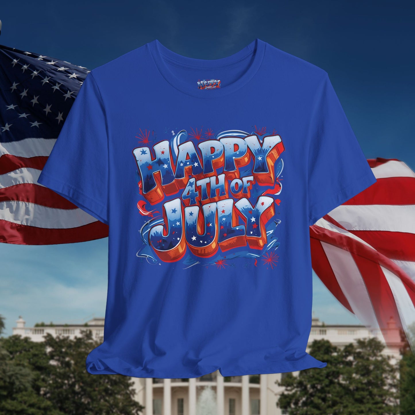 Happy 4th Of July, Print Design T-Shirt, Independence Day, American Flag, Bald Eagle, Red White Blue