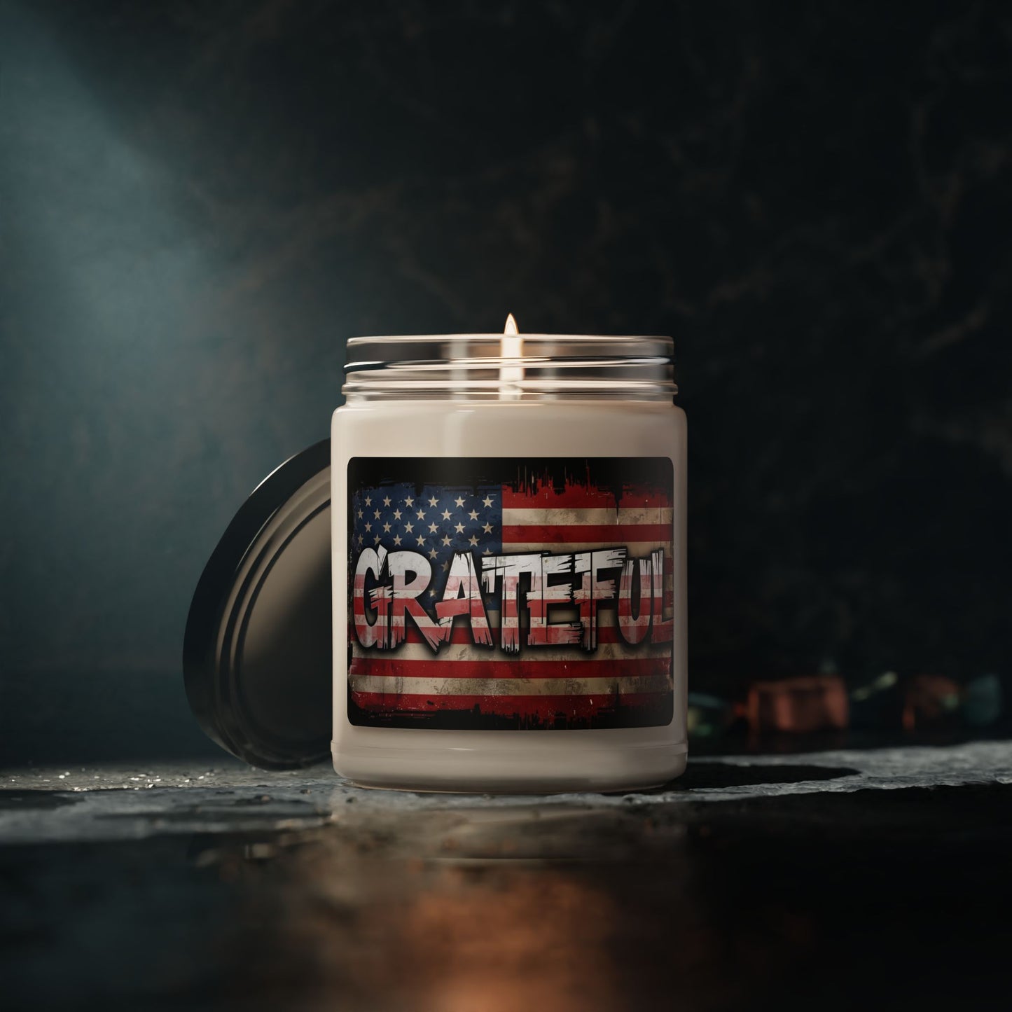 Scented 9oz Soy Candles - Grateful Print - American Flag Background Design