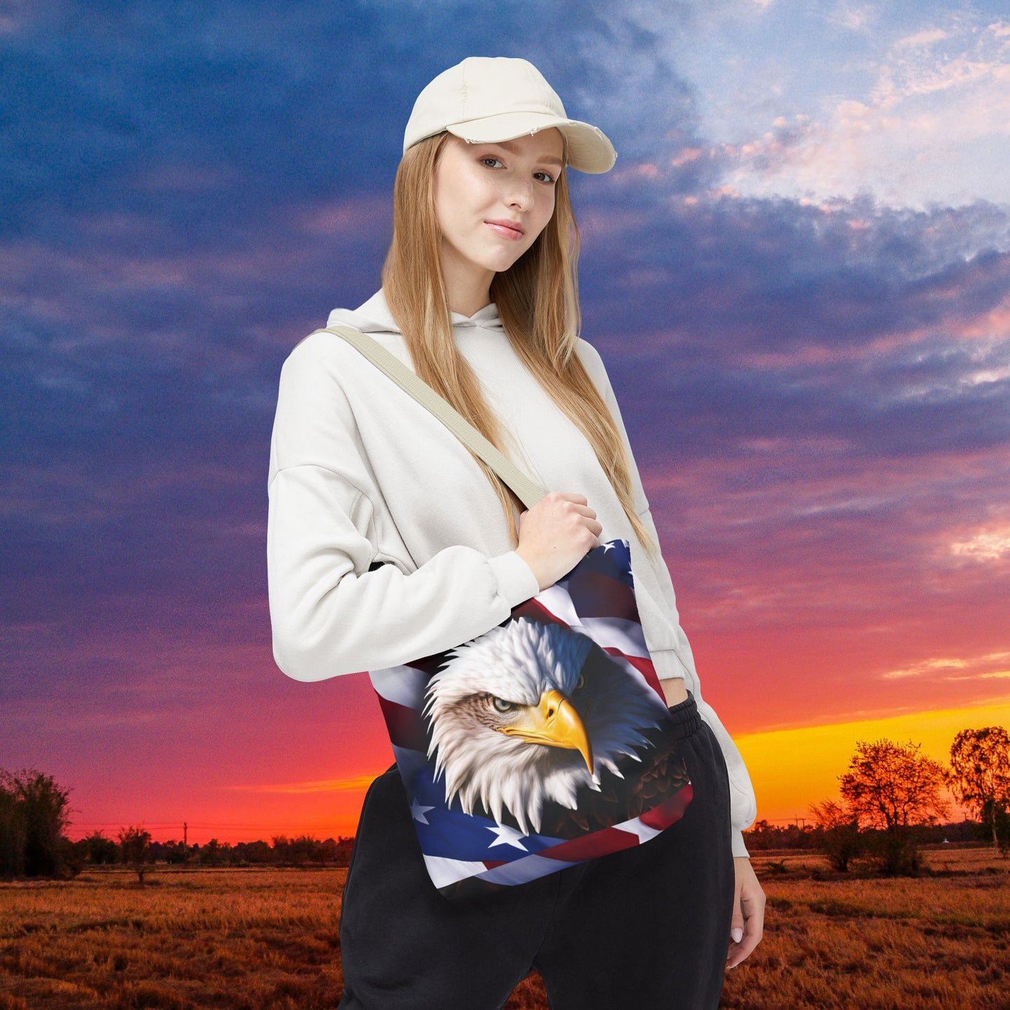 Patriotic Stylish American Flag Bald Eagle Red White & Blue All Over Print Tote Bag