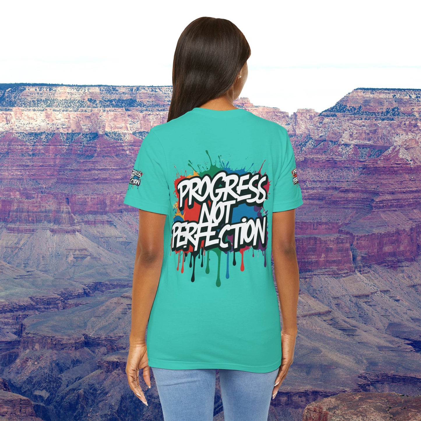 💥 Vibrant 💥 Eye-catching 💥 Motivational 💥 All Over Print 💥 Unisex T-shirt 💥 Progress Not Perfection 💥 Art-Inspired 💥 Apparel 💥 Sizes XS x 4XL 💥