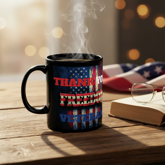 Thank You Veteran! - Freedom - Black Ceramic Coffee Mug β Patriotic Vintage American Flag - Red White & Blue Tribute (11oz & 15oz)