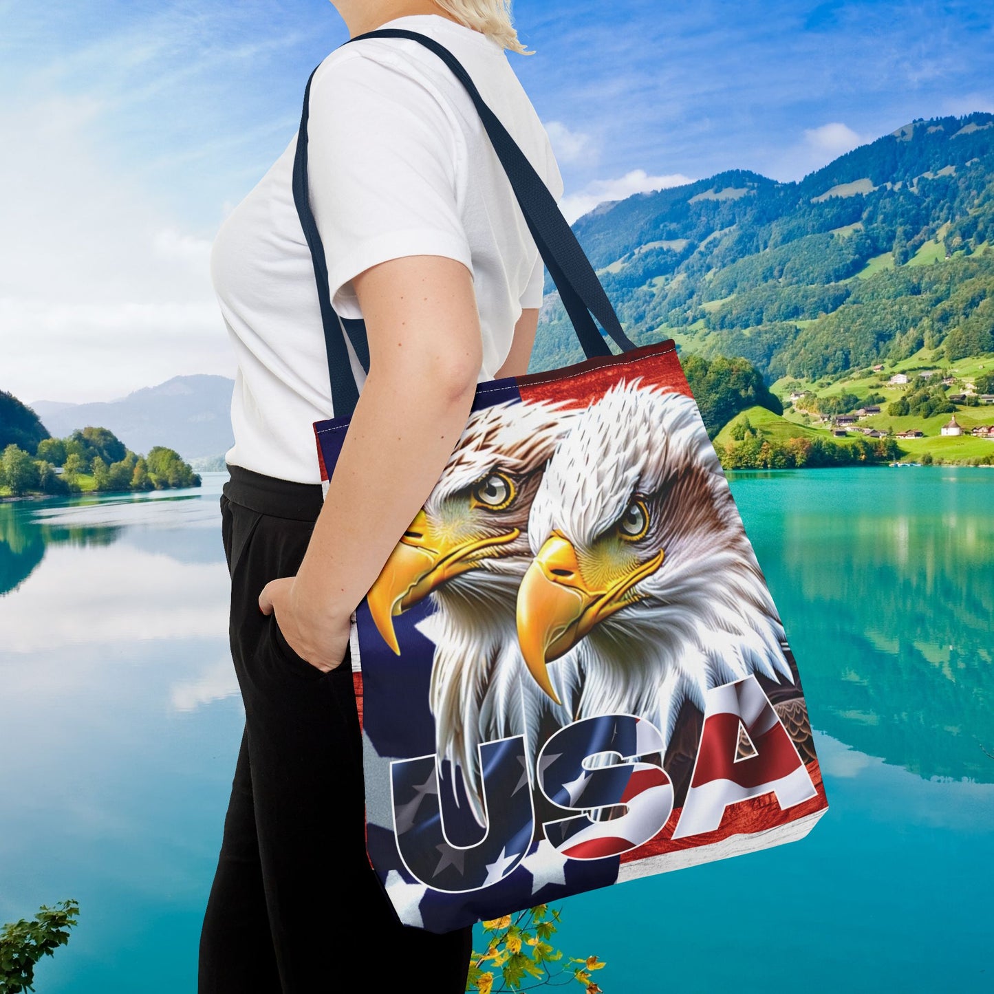 ๐บ๐ธ Patriotic ๐บ๐ธ USA ๐บ๐ธ Bald Eagles ๐บ๐ธ Tote Bag ๐บ๐ธ All Over Print ๐บ๐ธ American Flag Design ๐บ๐ธ Five Different Handle Colors ๐บ๐ธ Red ๐บ๐ธ Navy ๐บ๐ธ Black ๐บ๐ธ Beige ๐บ๐ธ White
