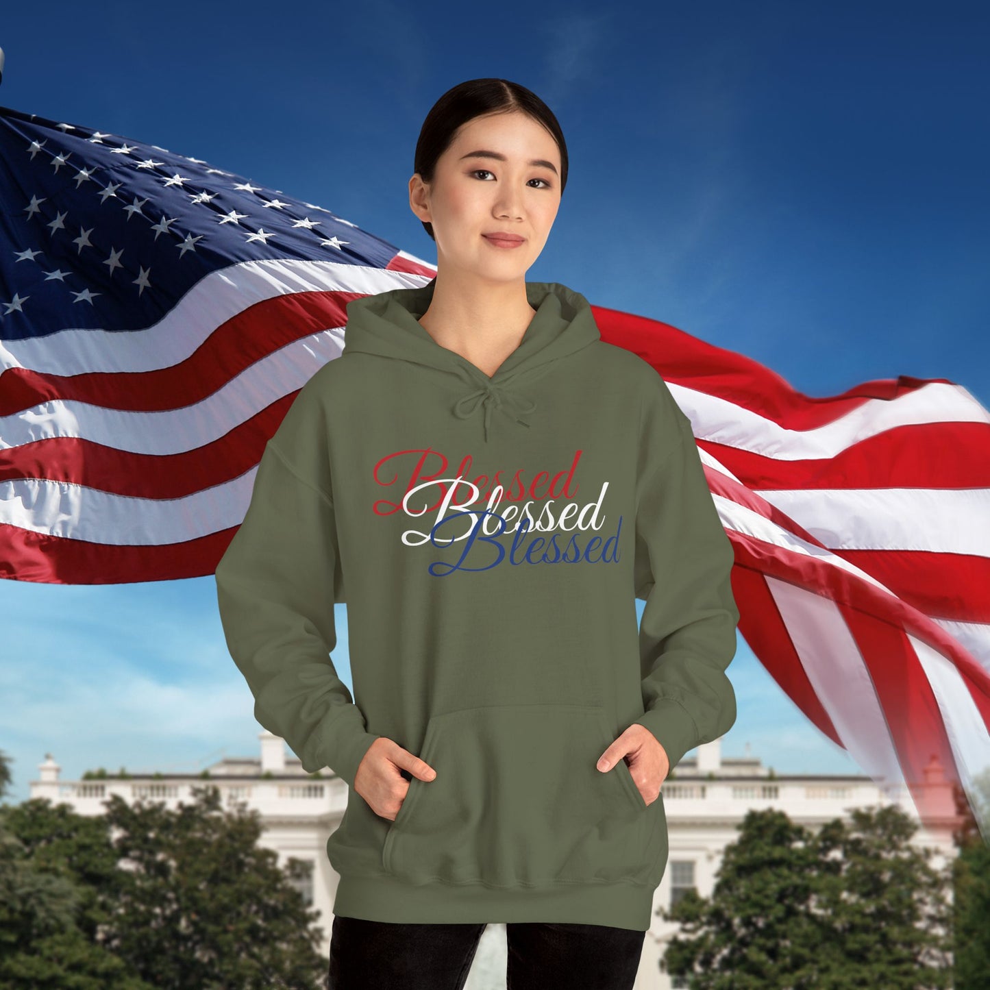 Blessed Hoodie – Patriotic Red, White & Blue Unisex Pullover Sweatshirt with Front & Back Print – Cozy, Positive Vibes Gift