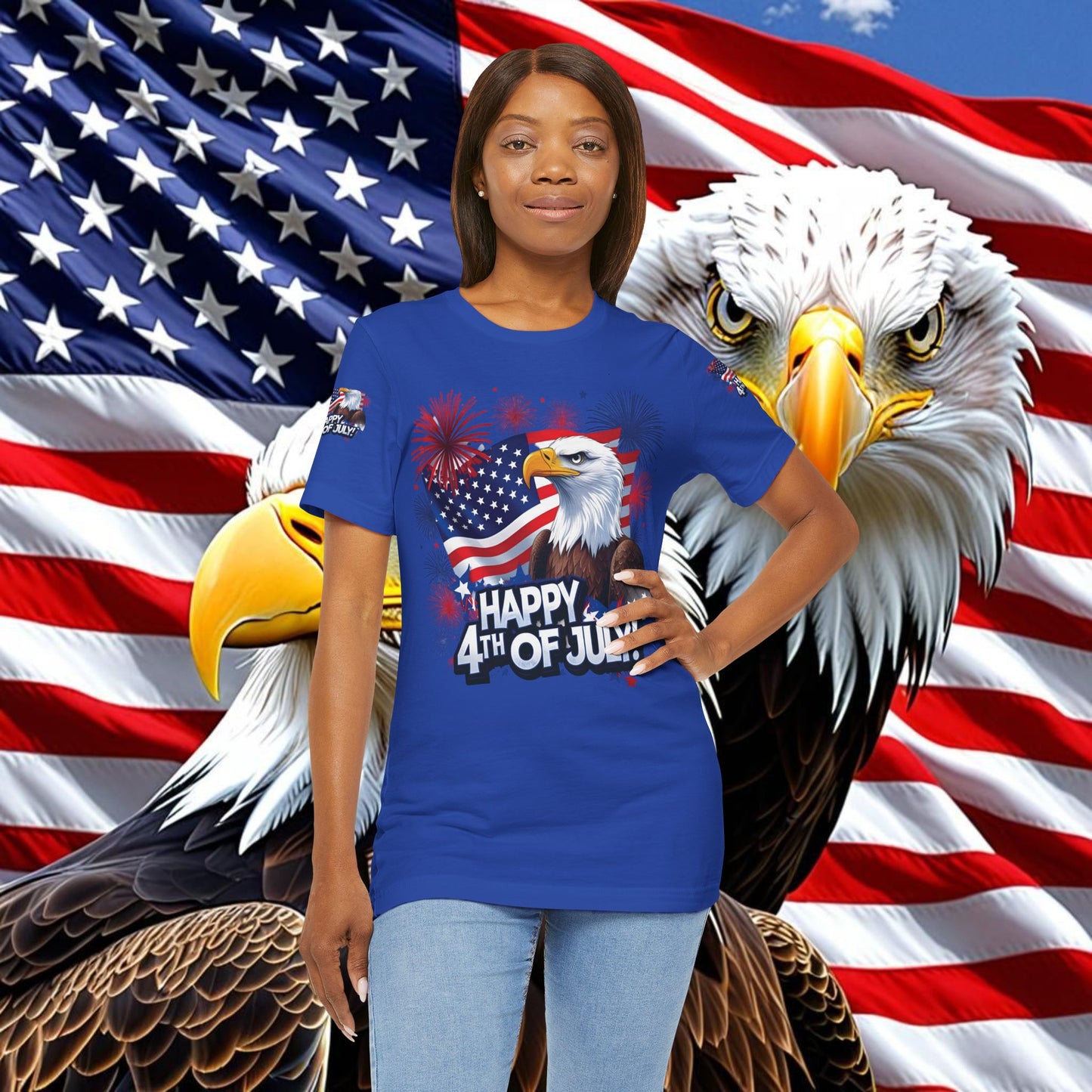 Happy 4th of July, Print Design, Unisex T-Shirt, Patriotic Print Design, Independence Day Shirt, Red White Blue Shirt, USA Tee Gift, Gift For Her, Gift For Him, American Flag, Bald Eagle