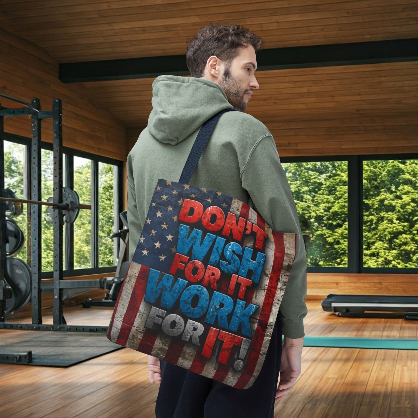 Motivational Tote Bag | American Flag Design | Don't Wish For It, Work For It | Gym, Grocery, Travel, Gifts, Everyday Carry