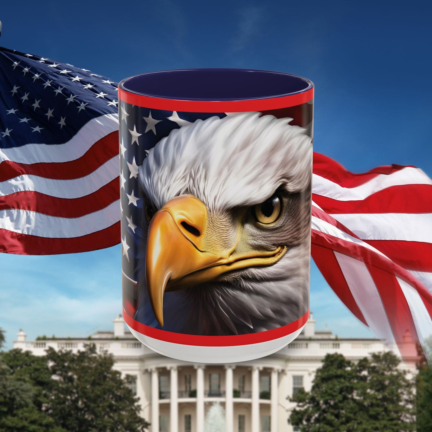 Patriotic Bald Eagle Coffee Mug – American Flag Accent Cup for Proud Americans & Veterans (11oz & 15oz, Multiple Colors)