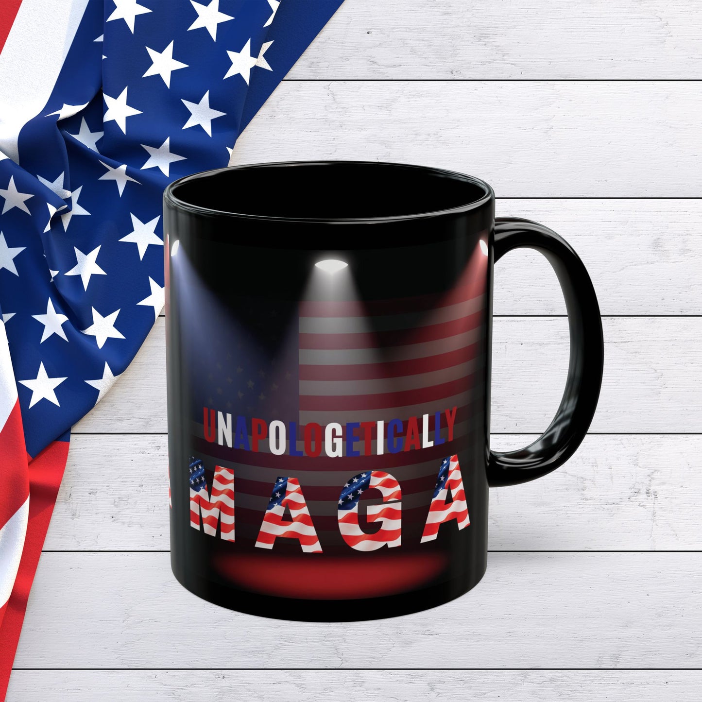 Unapologetically MAGA - Red White Blue - American Flag Spotlight Design - USA Pride - Sleek Black Ceramic Mug - 11oz - 15oz