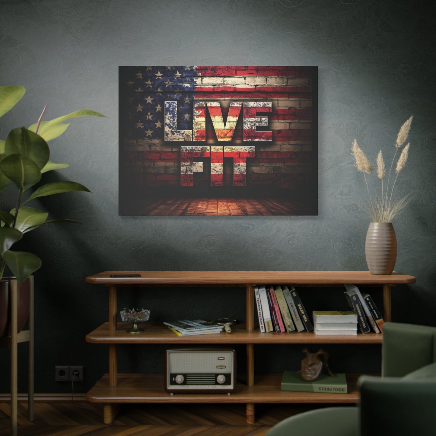 American Pride Canvas Wall Art - Live Fit Decor - Fitness Motivation - Patriotic Gift - USA Flag Artwork - Red White Blue -